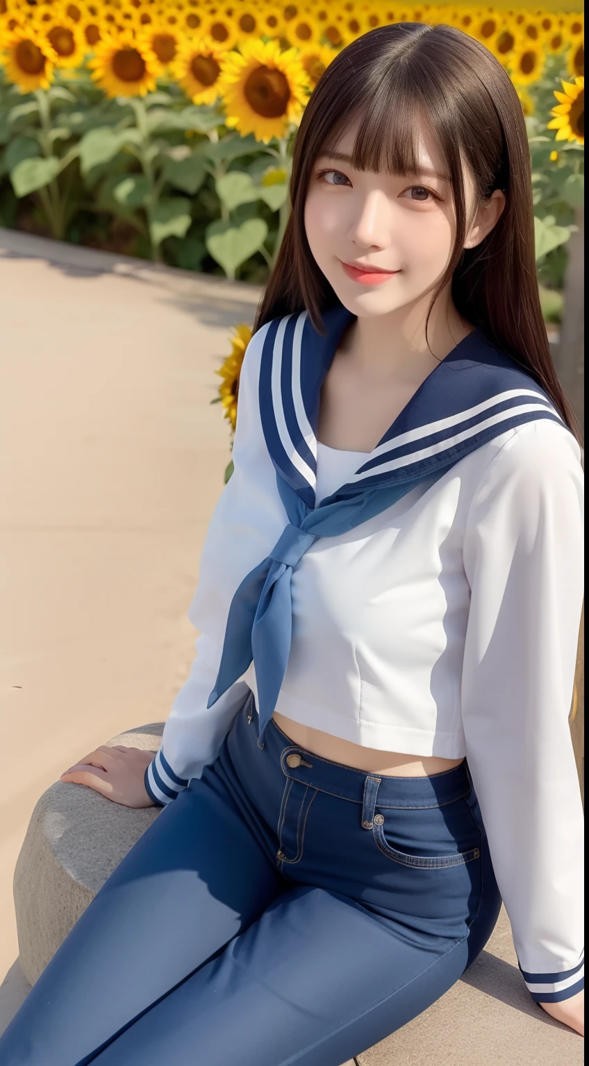 A smiling girl，Wear a tight sailor suit，denim pant，sitting on a large stone，There are a lot of sunflowers around，com rosto detalhado，The eyes are delicate，The photo quality is the best，Realistic image quality，Background diffuse lighting，Depth of field display。