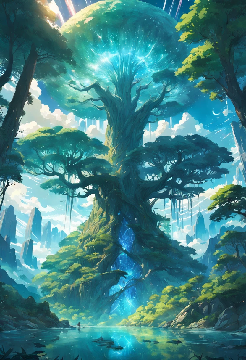 A surrealist one、Otherworldly、Illustration of the super sky scene,A huge crystal tree、Very detailed and magical lighting、Intricate forest details、Vegetation and surrounding rivers、Solar punk、scenecy、giant tree、Beautiful green leaves、Beautiful lighting and realistic proportions,As if it were a movie backdrop,8k,HighestQuali,tmasterpiece,Clouds and stars in the sky。