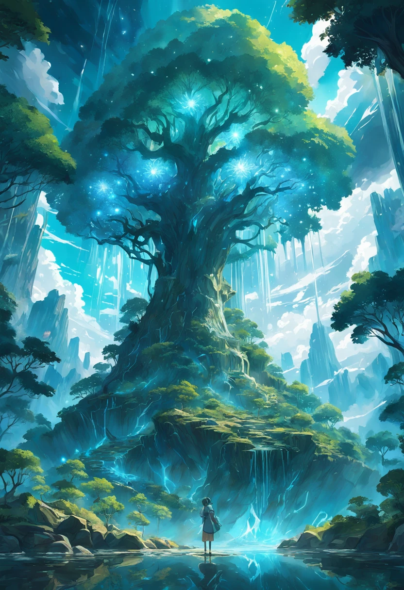 A surrealist one、Otherworldly、Illustration of the super sky scene,A huge crystal tree、Very detailed and magical lighting、Intricate forest details、Vegetation and surrounding rivers、Solar punk、scenecy、giant tree、Beautiful green leaves、Beautiful lighting and realistic proportions,As if it were a movie backdrop,8k,HighestQuali,tmasterpiece,Clouds and stars in the sky。