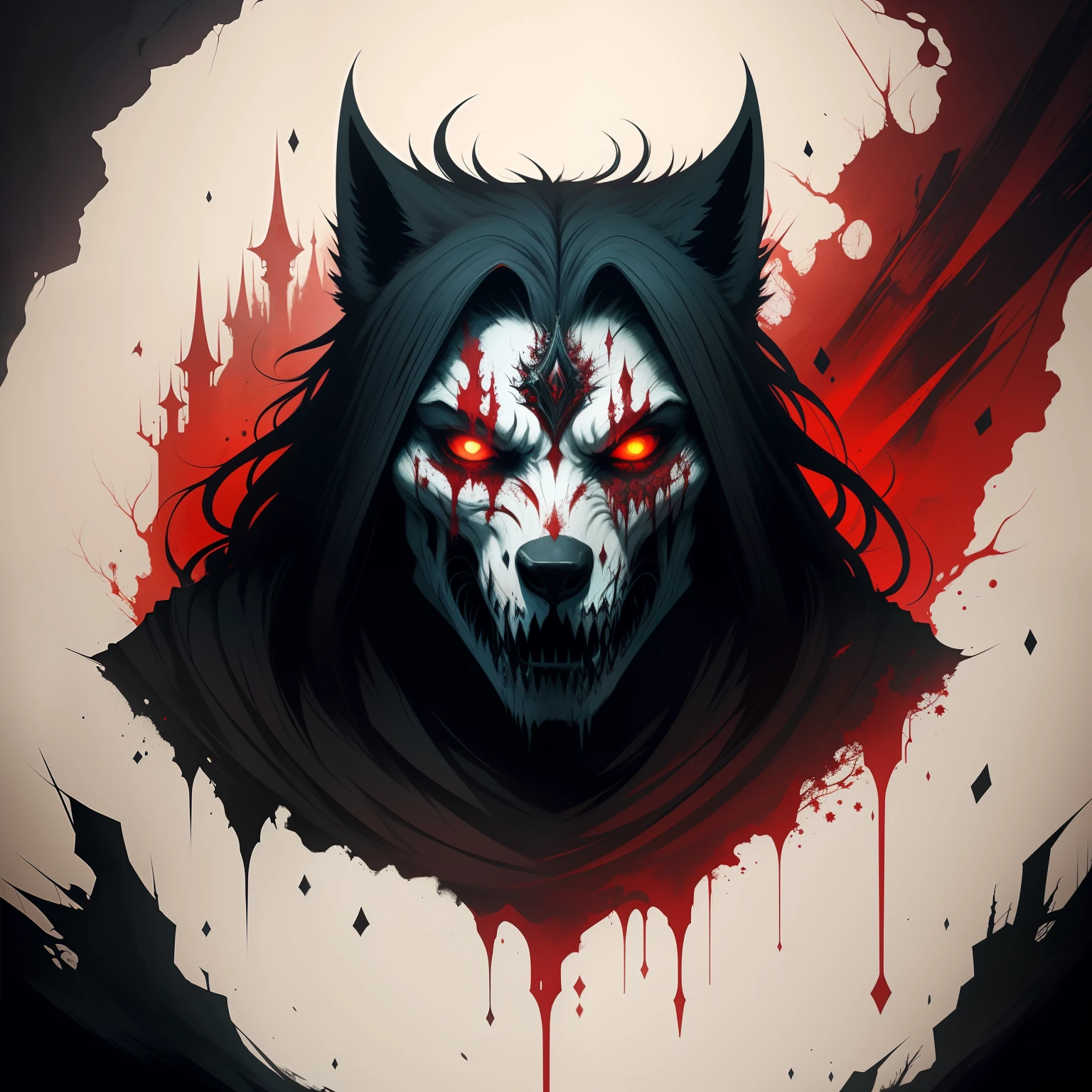 Uma pintura de um lobo realmente mest, with a bloodied face and a bloody head, carnificina, Sci - Horror Art of Fiction, Science fiction horror art, inspirado em Aleksi Briclot, Presas da carnificina, arte de fantasia de terror, Directed by: Aleksi Briclot, arte conceitual de terror, veneno, Arte de fantasia e terror, Detailed illustration of 4K horror, demonic creature, arte de terror de fantasia sombria