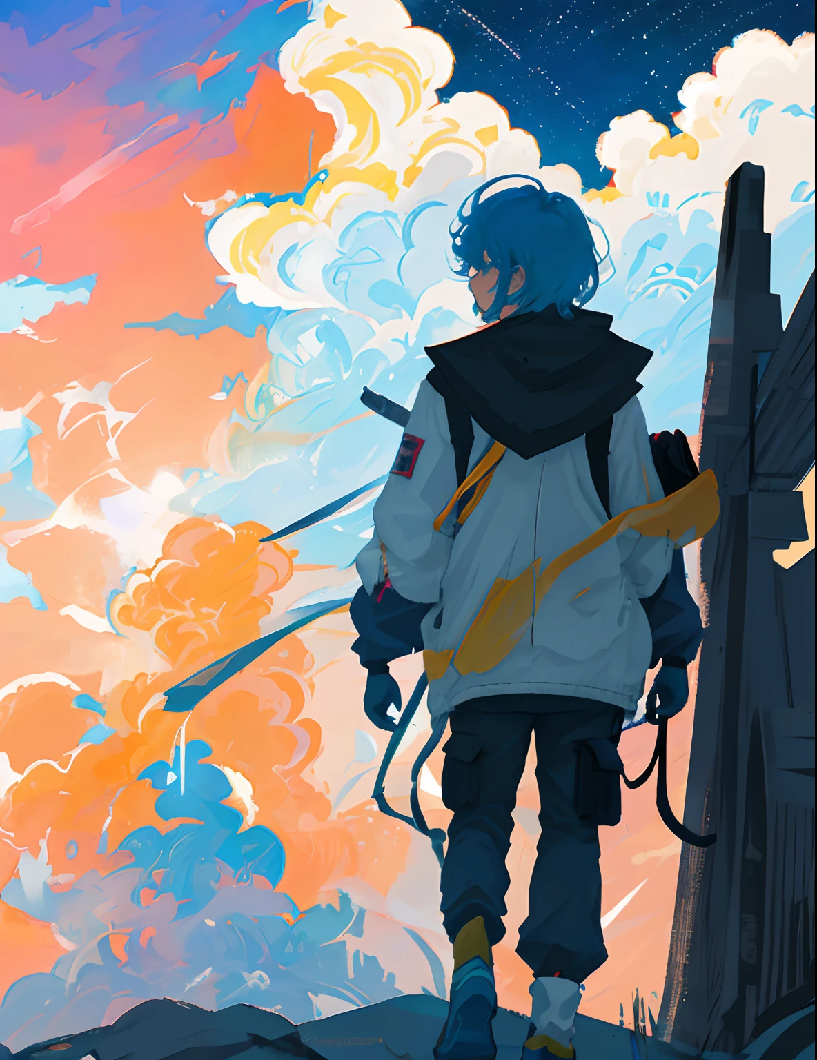 Fantastic psychedelic anime illustration，Use Stable Diffusion to generate an 8K anime art wallpaper，Scenes showing the anime boy and his backpack，They overlook the sky and the stars，Be in the midst of dreamy cosmic clouds。In the process of finding the stars，Stunning anime art style is displayed in the picture，Full of anime aesthetics and elements that praise the art style，and delicately depicts the landscape of clouds and the universe。