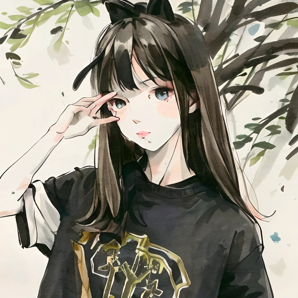 1 guy, brown hair, black shirt, holding a white cat, with a small tree on his head