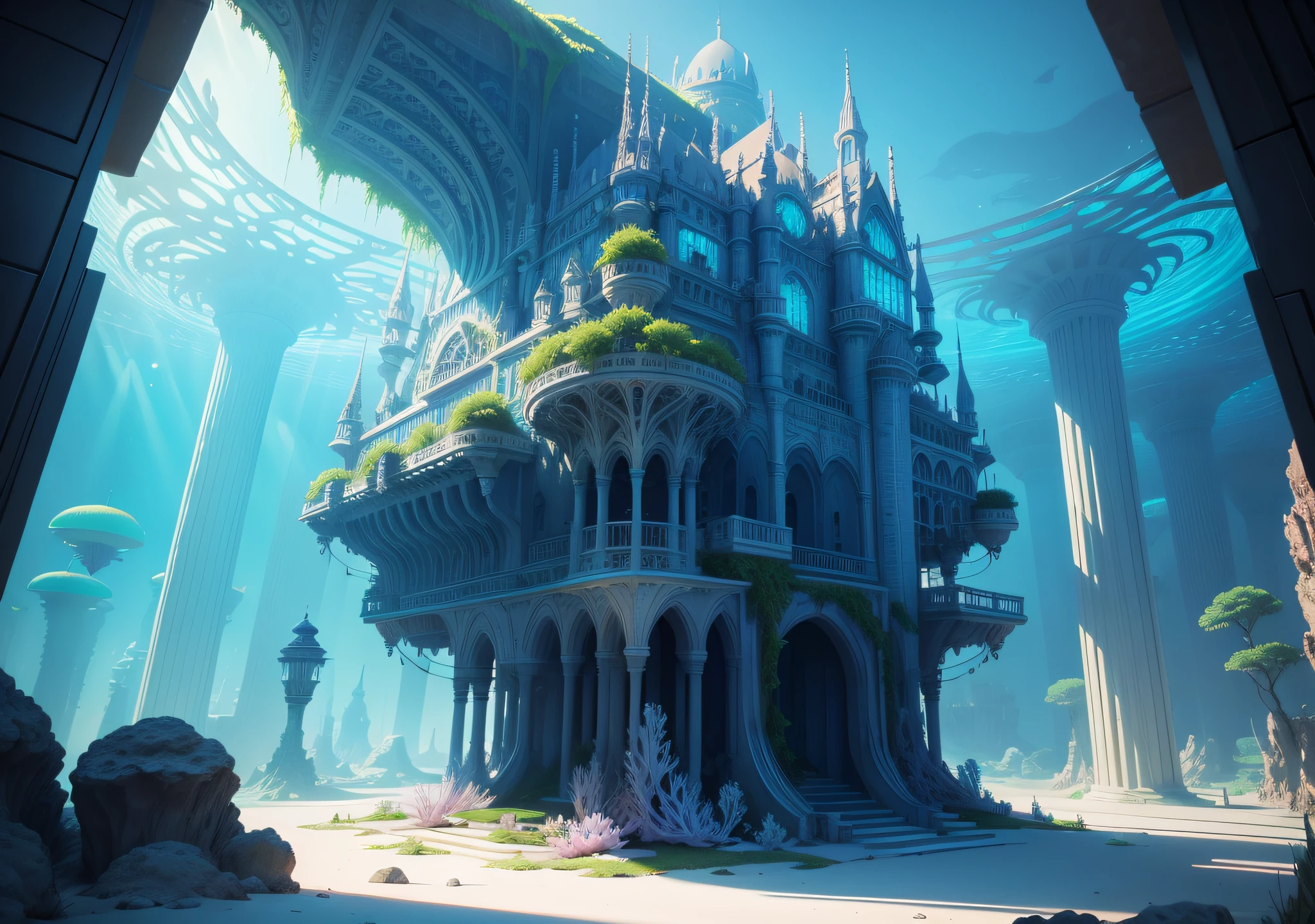 Undersea Palace, Fluorescent colorful plants, White coral, blueglow, Distant view,fantasy,intricately details,8K,Ultra HD,--no people,The entire structure of the building is clearly displayed