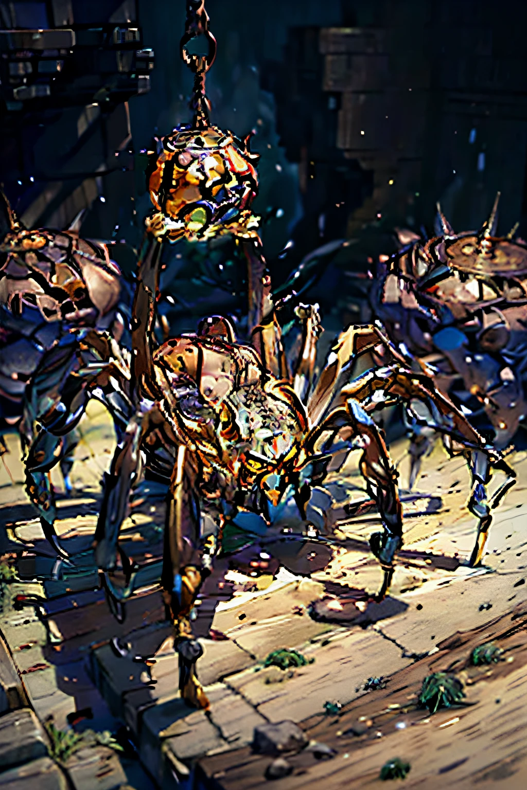 Imagine uma aranha monstruosa feita de aragonita marrom, with a robust body sculpted in complex details to enhance its earthy tones. Each leg of the spider is carved in deep brown aragonite, com texturas e veios que imitam o aspecto da pedra. Seus olhos, feitos de pequenas esferas de aragonita marrom, brilham com um brilho sutil. As the spider moves, seu corpo reflete os tons de marrom, emanating an imposing and natural presence
