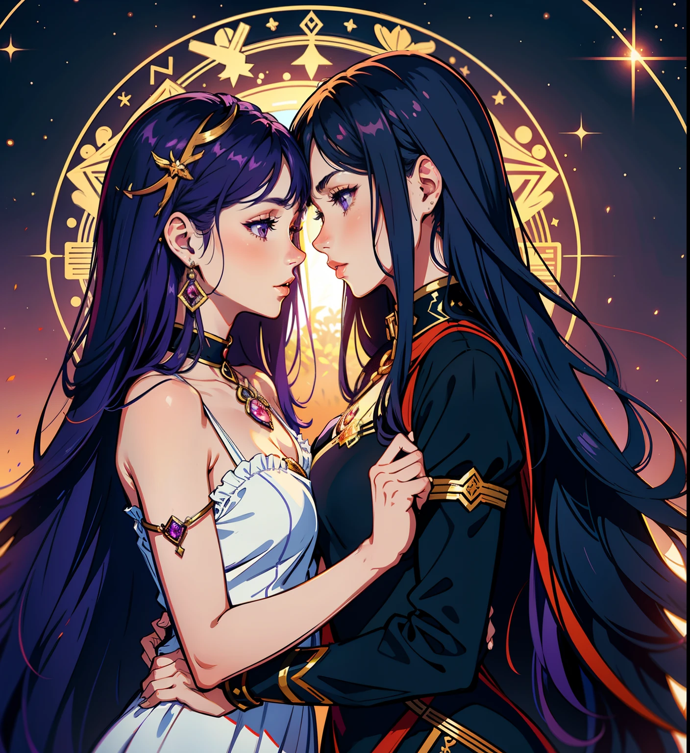 adesivo, fundo simples, portrait, 2 girls, couple, kissing, girl with long hair, beautiful sagittarius girl, sagittarius aesthetic, beautiful girl, very beautiful fantasy art, beautiful and elegant female sagittarius , beautiful detailed fantasy, purple and orange color palate, purple color-theme