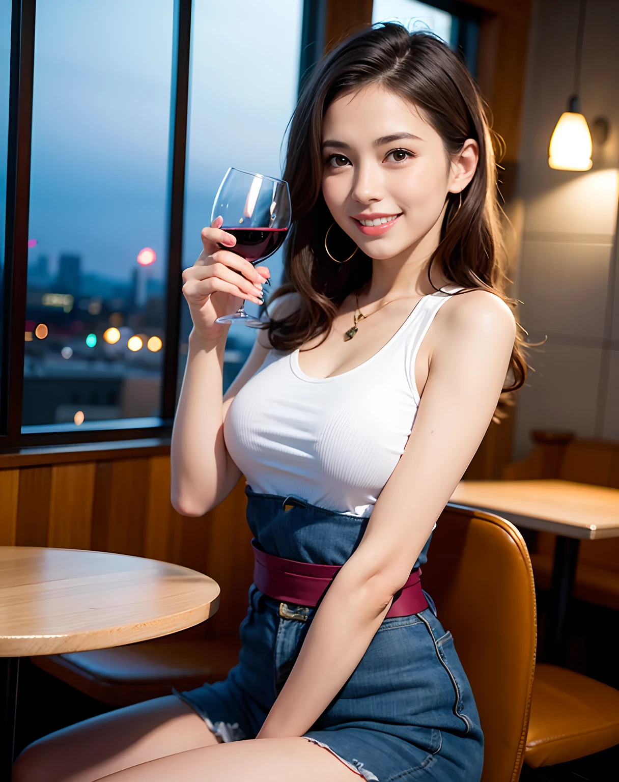 (64K, UHD, top quality, masterpiece: 1.2), (realistic, photorealistic: 1.37), super detailed, pretty woman 1 person, (slim face), (slim body), (brown hair), (short cut), cheeks slightly blushing, (44 years old), 38 years old, solo, beautiful detailed urban night view outside the window, restaurant, wine glasses sit, at night, in a prominent placeNovaFrogStyle, Actress, Model, Waist Up, White Wine, Slim, Wine Glass, Super Clean Night View, Wine Glass Put in the Middle, Happy Smile, (Smile: 1.15), Beautiful Fine Eyes, Upper Body, Bust Japan Up, Night, Short, Short, Actress, Model, Waist Up, White Wine, Slim, Wine Glass, Super Clean Night View, Wine Glass Put in the Middle, Happy Smile,