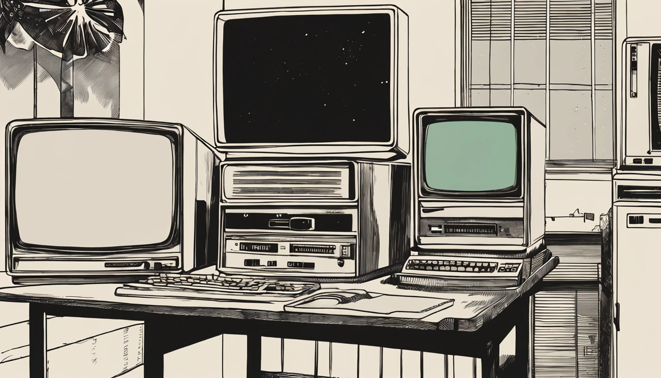 There is a small desk with a computer, teclado, and other electronic equipment, monitor de computador antigo, imagem realista, foto realista, computador antigo, 1 9 8 0 s tecnologia, retro style and 1 9 8 0 s, background 1970s office, 1 9 8 0 s computadores, computadores antigos, 1 9 8 0 s analog video, computer aesthetic, baixa luminosidade, Dirty and messy environment, realistic scenario, foto realista, foto real