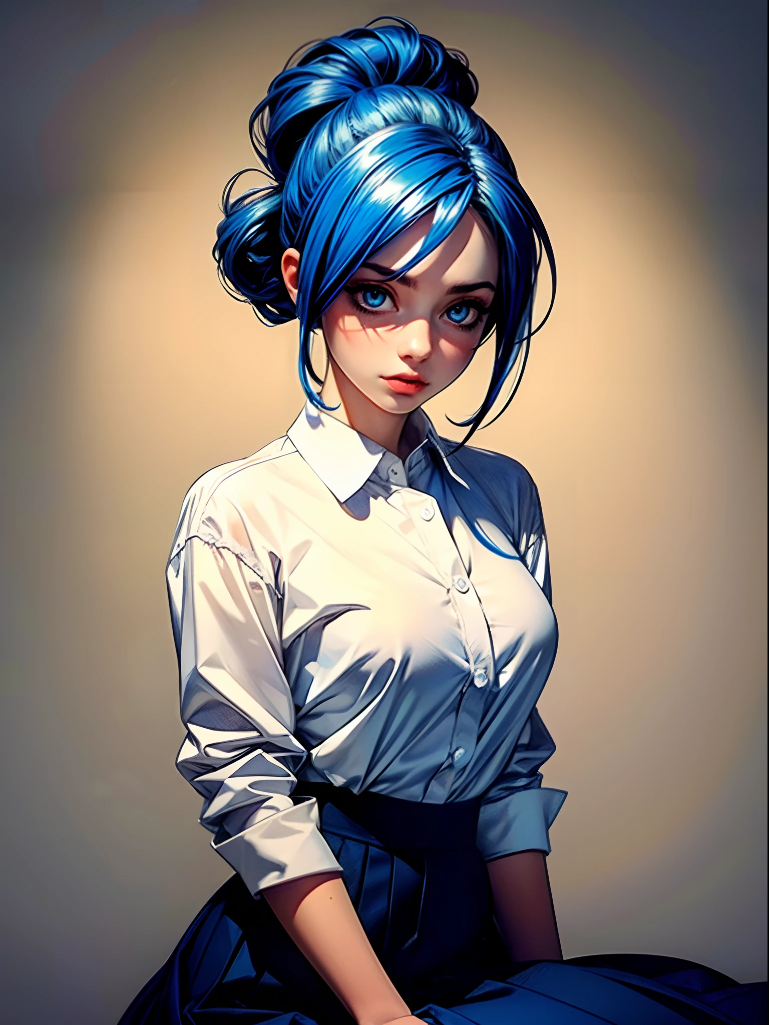 ((masterpiece)),(best quality),(detailed),(1girl), blue hair, blue glowing eyes, Updo, white shirt, black skirt, looking down on the viewer