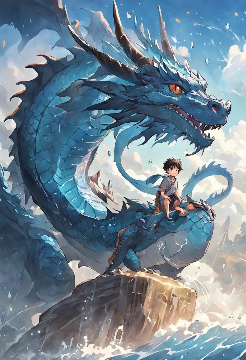 （Handsome boy riding a dragon），Play the flute with your eyes closed，Blue Blue Water Dragon，corrugation，The air is filled with water droplets，Cloud effects：1.5,Elongated dragon body，elevation，Faraway view，super detailing，best qualtiy，tmasterpiece，（8K，Extremely detailed，Epic artwork