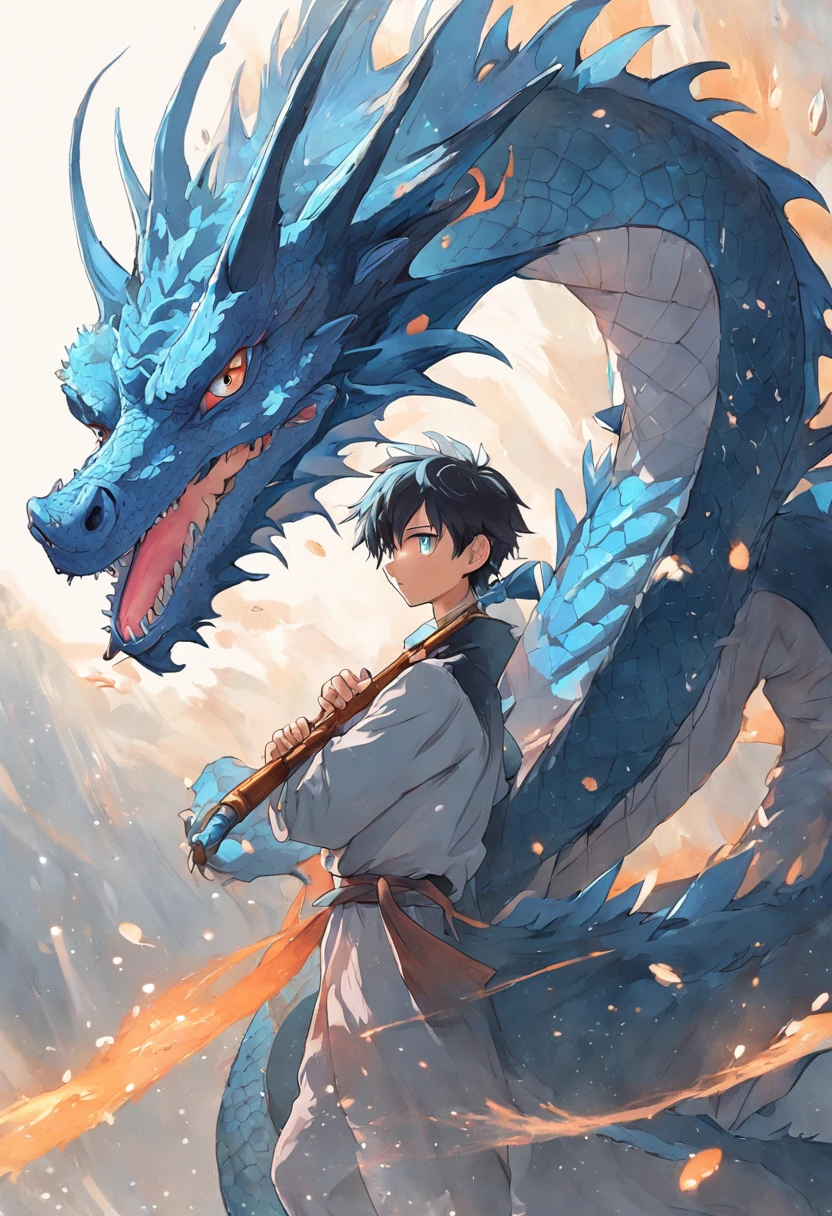 （Handsome boy riding a dragon），Play the flute with your eyes closed，Blue Blue Water Dragon，corrugation，The air is filled with water droplets，Cloud effects：1.5,Elongated dragon body，elevation，Faraway view，super detailing，best qualtiy，tmasterpiece，（8K，Extremely detailed，Epic artwork