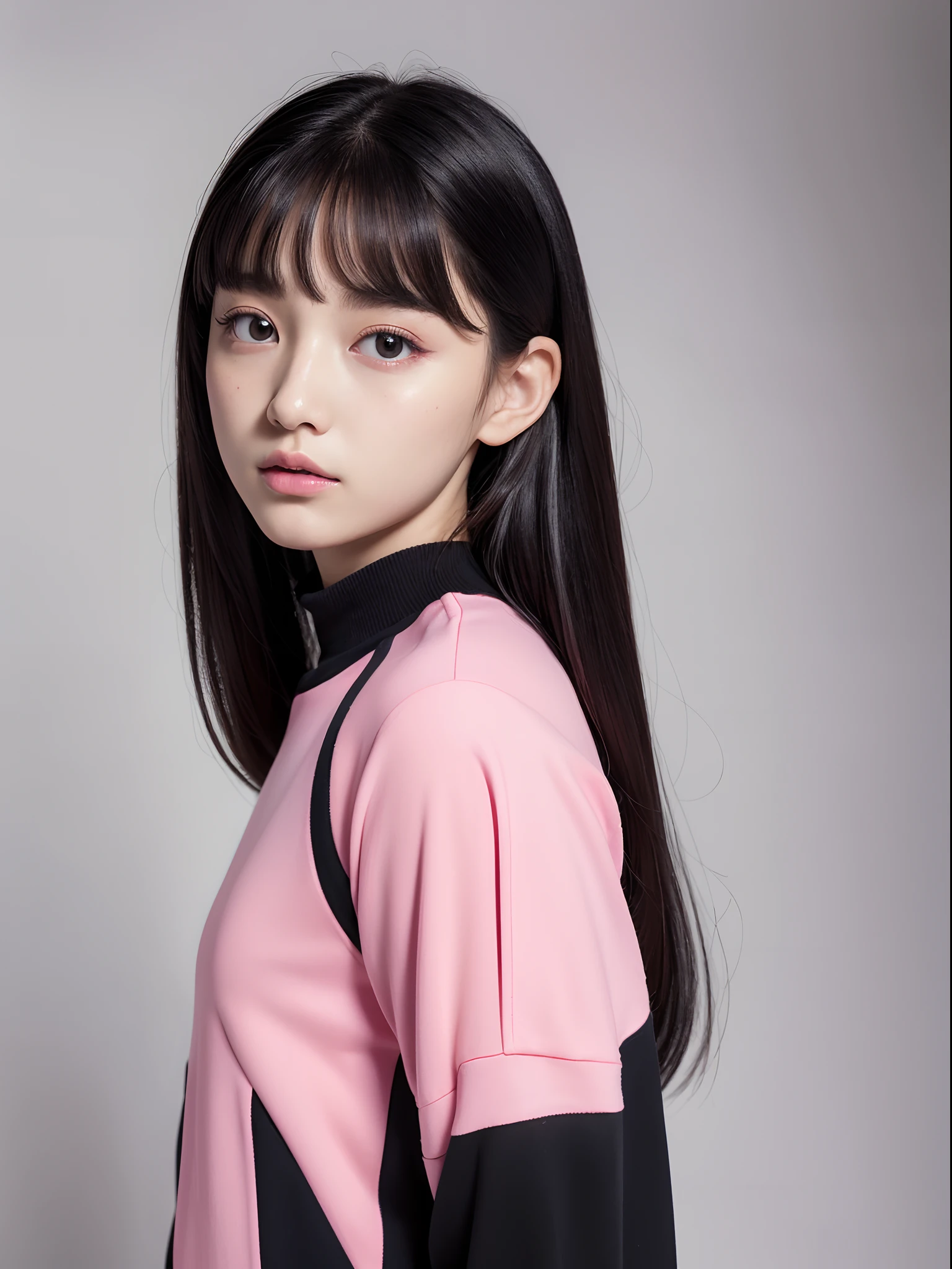 the Extremely Detailed CG Unity 8K Wallpapers、top-quality、ultra-detailliert、​masterpiece、studio shoot、full body Esbian、Multi-colored tracksuit with pink and gray gathers、pleatedskirt、realisitic、Photo Real、extremely detailed cute girl、独奏、sixteen years old、side glance, Melancholy look, , Black and pink and white multicolor background、A dark-haired, Straight medium hair,