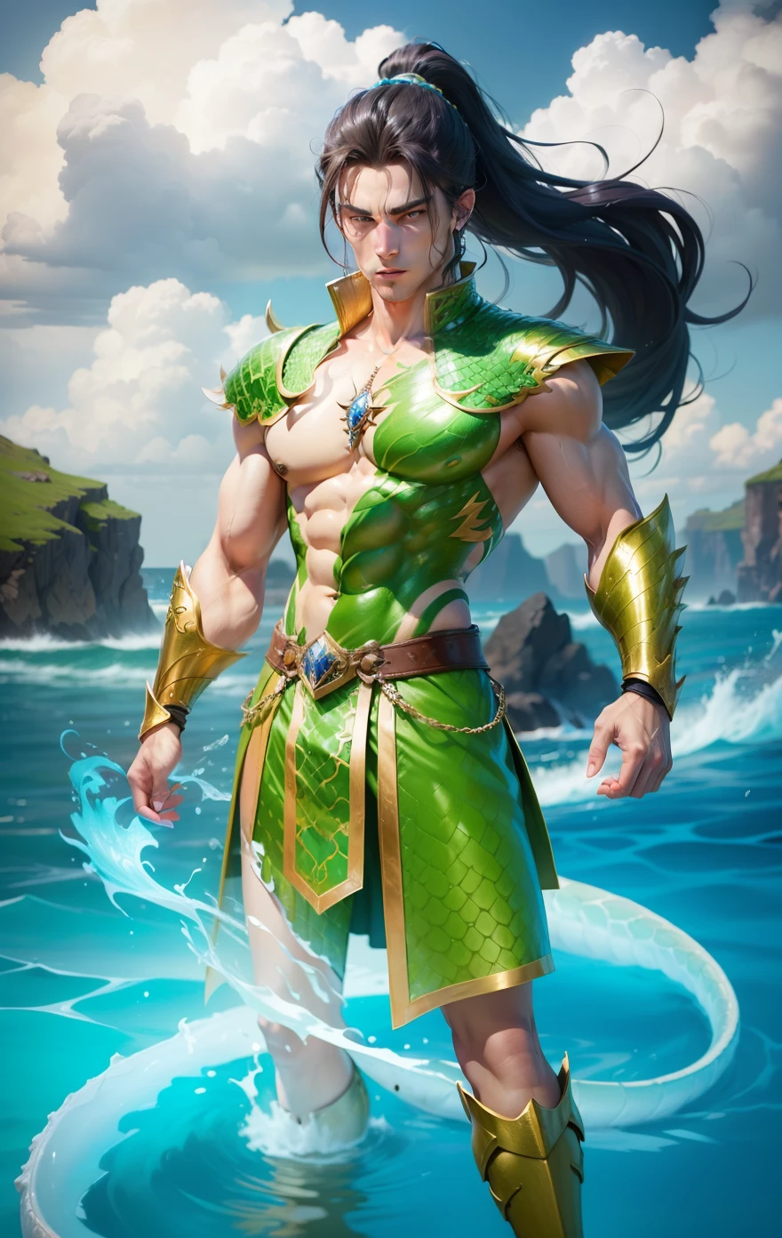 Boy, handsome, sixpack, charming, dragon, golden armor, ocean, Storm, magic Green dragon scales, blue eyes, white skin, ponytail hair, realistic, ultra detail, perfect face, perfect eyes, pretty face, expressive eye,best quality