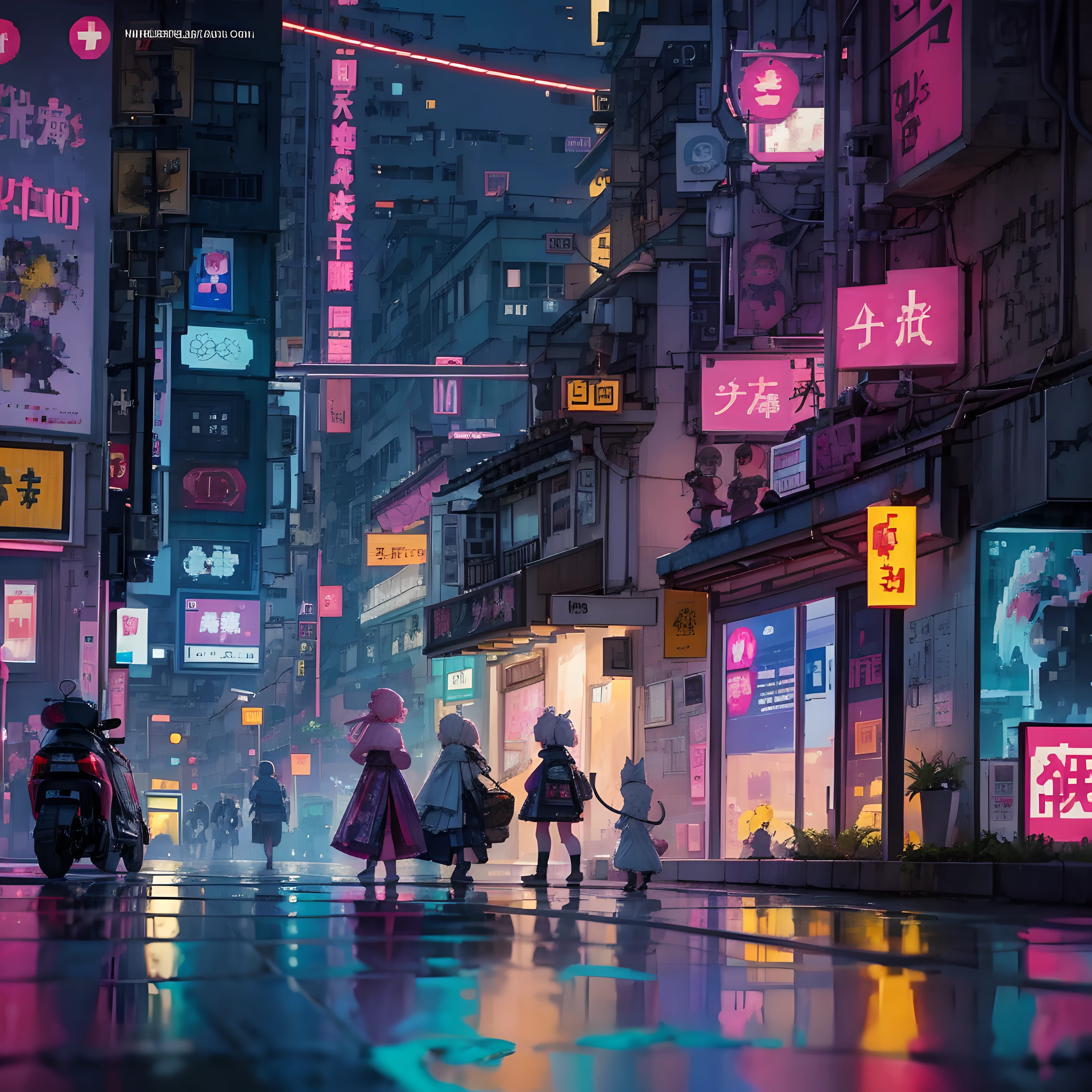 （Pixel art_1.1），natta，street，baby cats，Small puddles，Sateen，neonlight，hong kong，cyber punk perssonage，