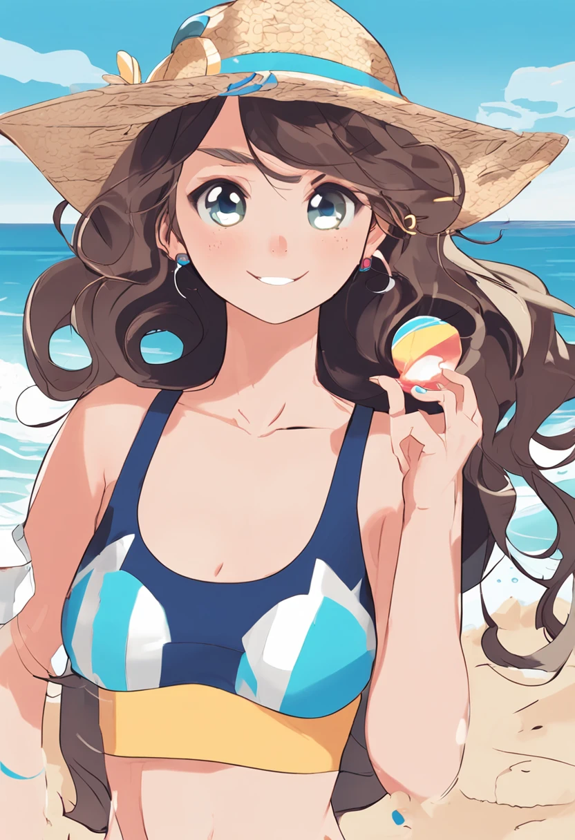 "Generate an image of an anime waifu enjoying a sunny day at the beach, wearing a swimsuit that highlights her natural beauty. Su cuerpo es esbelto y tonificado, reflecting their love of physical activity and outdoor fun. His face radiates joy and freshness, con una sonrisa que ilumina la costa.

She wears a brightly coloured and cheerful swimsuit that accentuates her youthful and energetic style.. The design of the swimsuit enhances its curves in an elegant and flirtatious way, mientras que la brisa marina juega con sus mechones de cabello, que caen en cascadas ligeras y relajadas. His eyes reflect the blue of the ocean and the happiness of the moment.

This waifu embodies the essence of beach fun and natural beauty. Su estilo relajado y su actitud desenfadada la convierten en un personaje encantador en el mundo del anime, una figura que captura la esencia del verano y la felicidad bajo el sol."