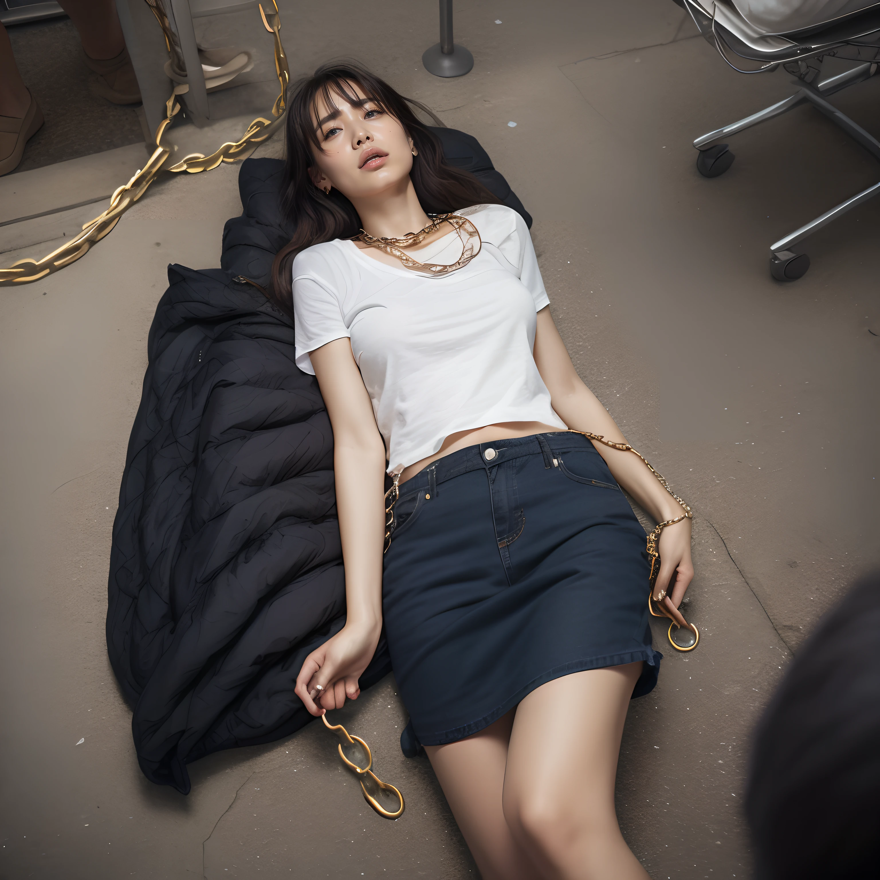 Lying woman、Lie on your knees、Chained、Chained、Wearing rags、