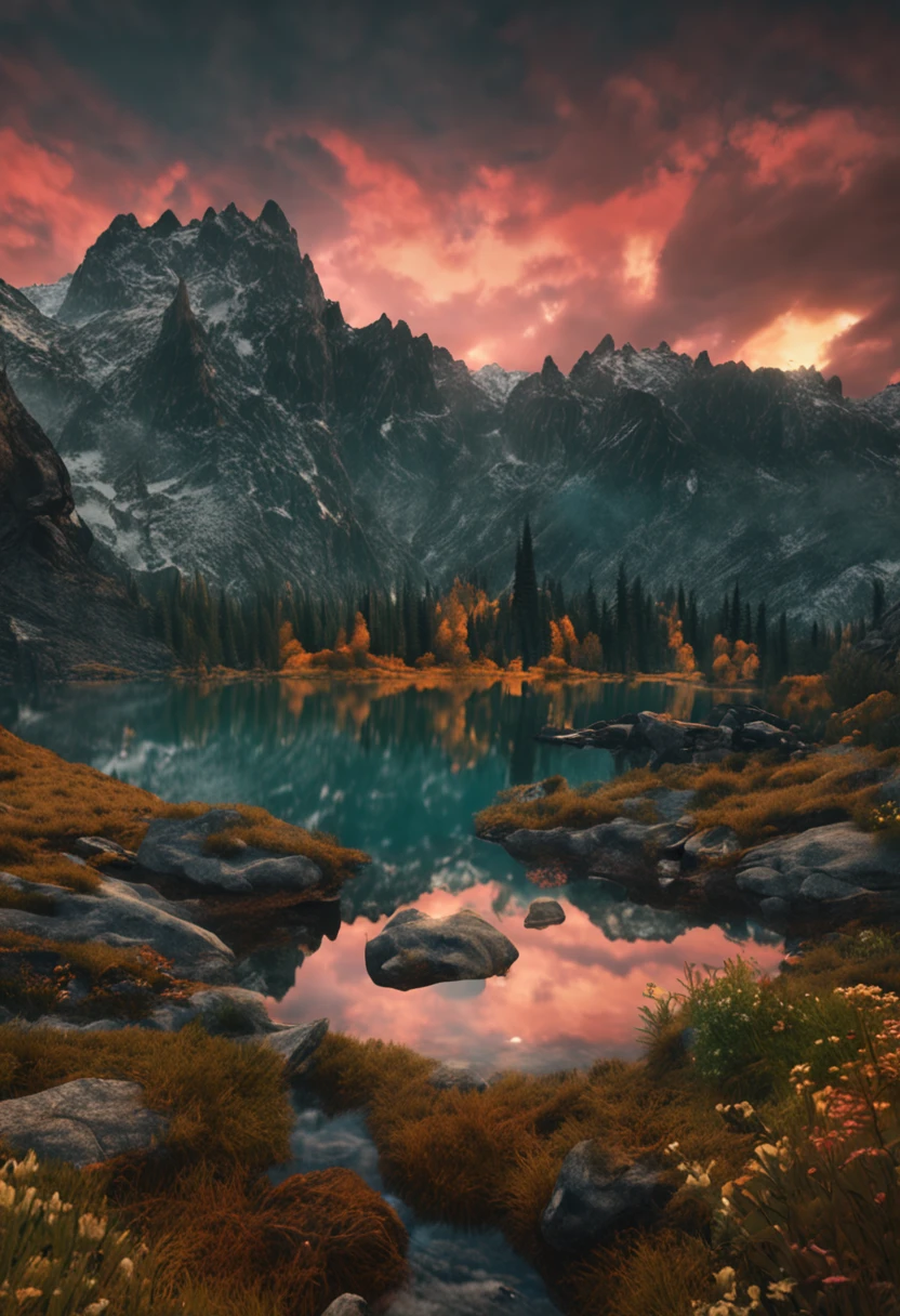 (Dark magic:1.2), (Grim:1.1) forest, springtime，A man stands in the Alps, (Intricate details), Mirror-like lake，(ultra - detailed), 8k hdr, high detal, A lot of detail, High quality,Tyndall effect， (Colored:1.3)