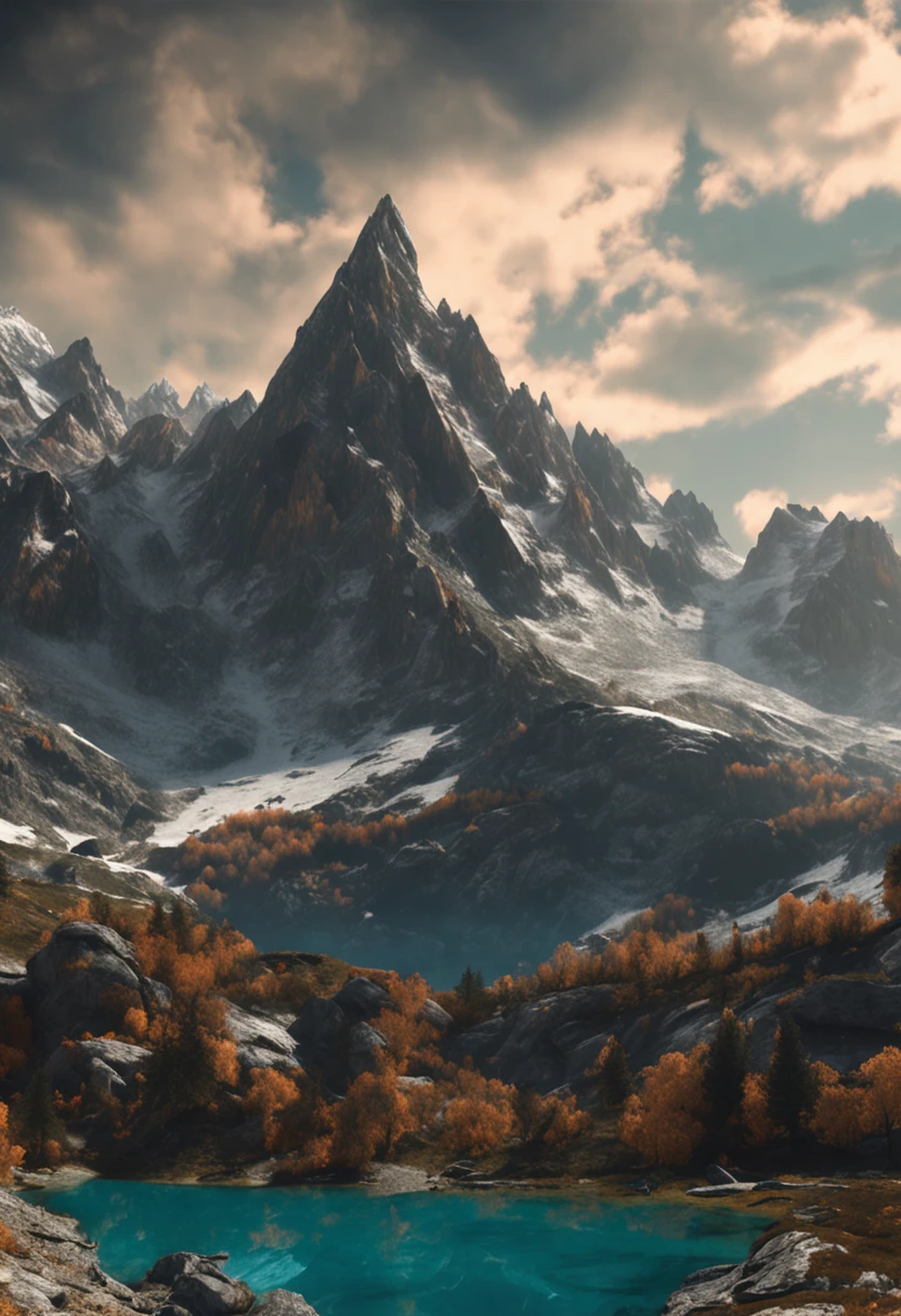 (Dark magic:1.2), (Grim:1.1) forest, springtime,A man stands in the Alps, (Intricate details), Mirror-like lake,(ultra - detailed), 8k hdr, high detal, A lot of detail, High quality,Tyndall effect, (Colored:1.3)