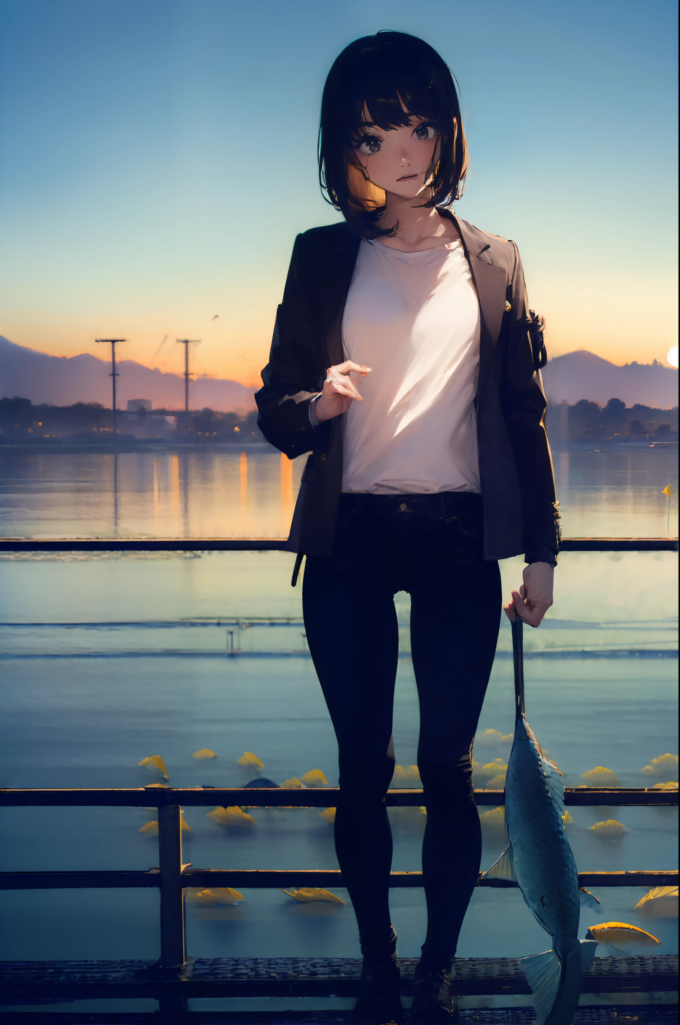 ((((Catch big fish by the lake:1.5)))),((Female 28 years old)),((Best Quality:1.5)),(((Hands with the correct number and structure of fingers:1.4))),((Big fish:1.37)),hight resolution,ultra-detailliert,masterpiece,best qualtiy,(Eight-headed body),Black hair, long eyeslashes, Solid Circle Eyes, drop shadow, Atmospheric perspective,Super Detail, ccurate, small brest,(Black jacket and black jeans :1.1),top-quality, Bokeh landscape:1.2, (masterpiece:1.3), Atmospheric perspective,dynamic compositions,