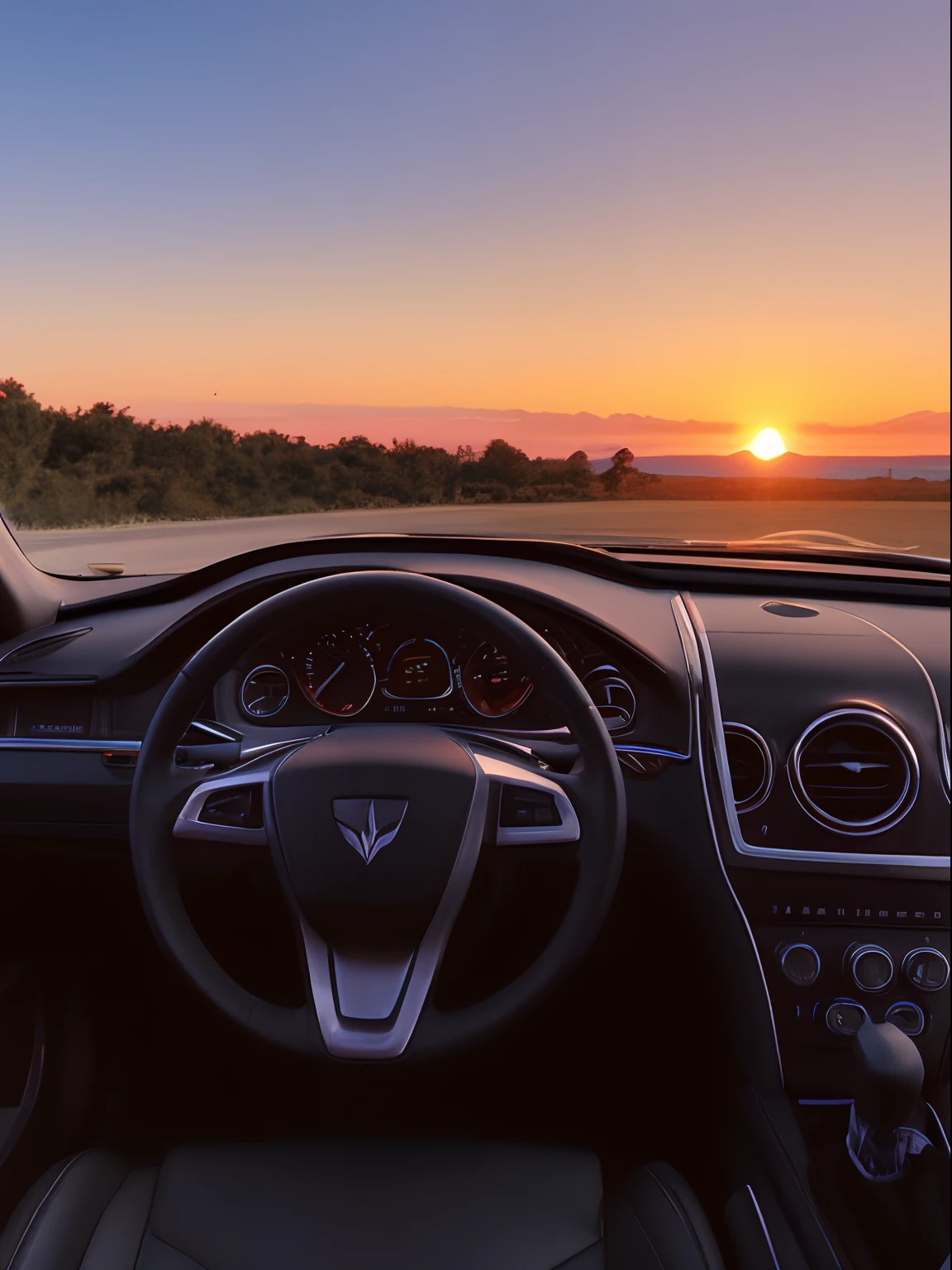 the setting sun，evening light，view from long distance，realisticlying，plethora of colors，Gorgeous and colorful，Shoot at night，positive，natural style，hdr shot，Inside the car，Look inside the car，Sunset directly ahead，Faraway view，Blurred foreground，Ultra-clear details，Ultra photo realsisim，telephoto lenses