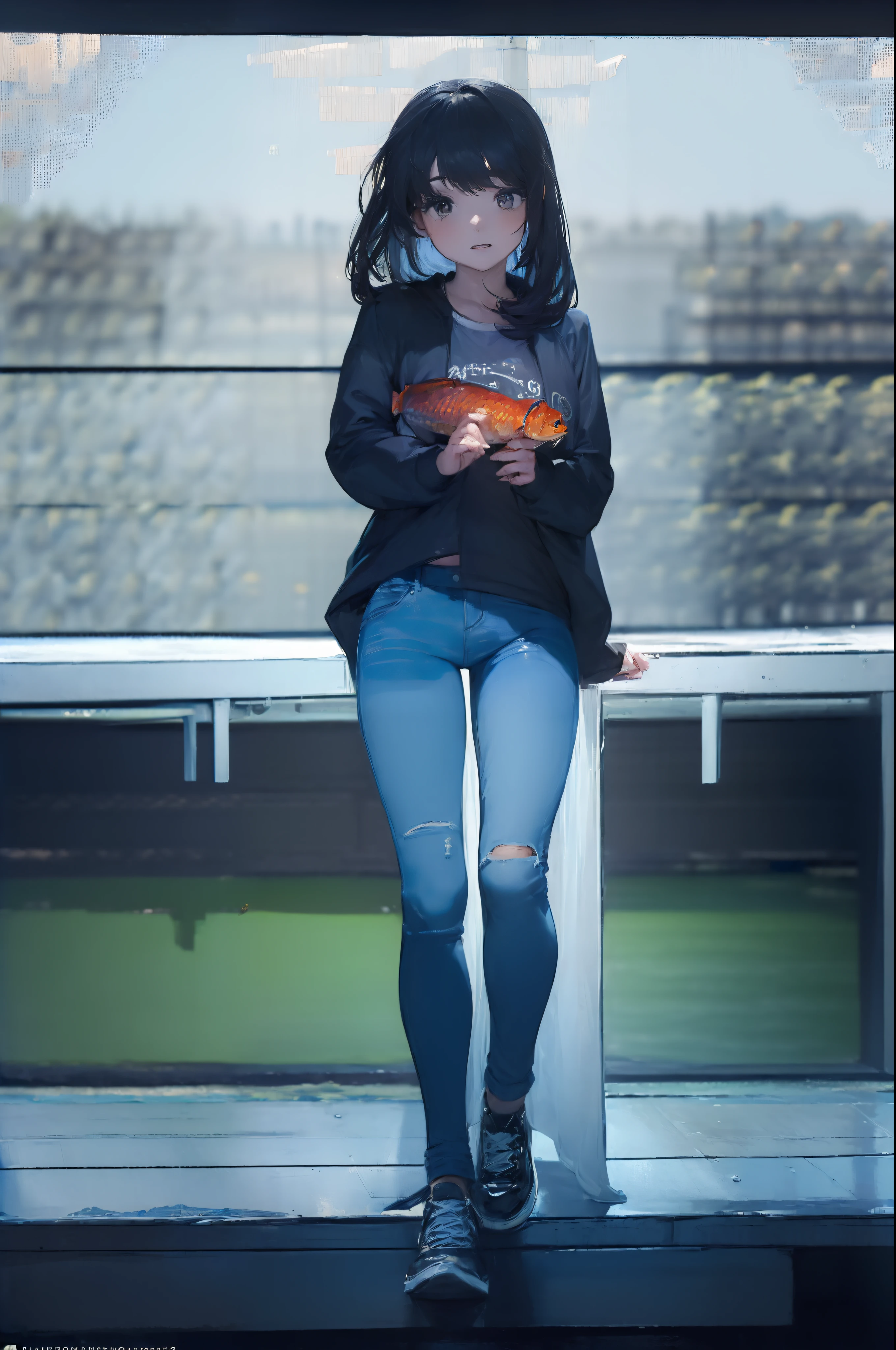 ((((Catch big fish by the lake:1.5)))),((Female 28 years old)),((Best Quality:1.5)),(((Hands with the correct number and structure of fingers:1.4))),((Big fish:1.37)),hight resolution,ultra-detailliert,​masterpiece,best qualtiy,(Eight-headed body),Black hair, long eyeslashes, Solid Circle Eyes, drop shadow, Atmospheric perspective,Super Detail, ccurate, small brest,(Black jacket and black jeans :1.1),top-quality, Bokeh landscape:1.2, (​masterpiece:1.3),  Atmospheric perspective,dynamic compositions,