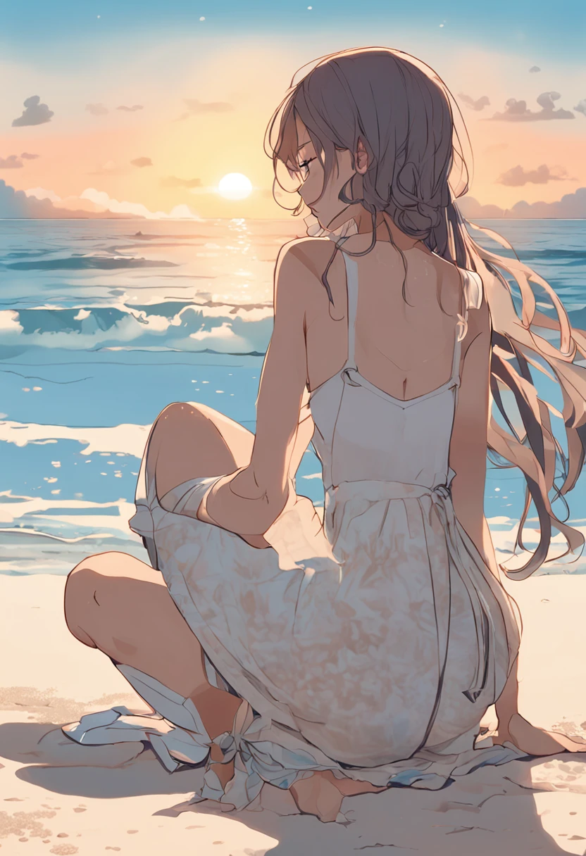 "Generate an image of an anime waifu in a paradisiacal setting. It is lying peacefully on the sand of a white sand beach, with the blue sea stretching out before her as far as the eye can see. The sky is tinged with warm and soft tones, creating a color palette that evokes a sense of tranquility and wonder.

The waifu wears an elegant and flirtatious swimsuit that highlights her natural beauty. Su cuerpo descansa con gracia en la arena, revealing smooth lines and delicate curves. His face is illuminated by the soft evening light, with an expression of serenity and contemplation. Los rayos del sol doran su piel y dan un brillo especial a su cabello, spreading in soft waves behind it.

This scene captures the essence of relaxation and natural beauty. The waifu merges with the idyllic setting of the beach, creating an image that evokes calm and admiration for the beauty of nature and the human figure."