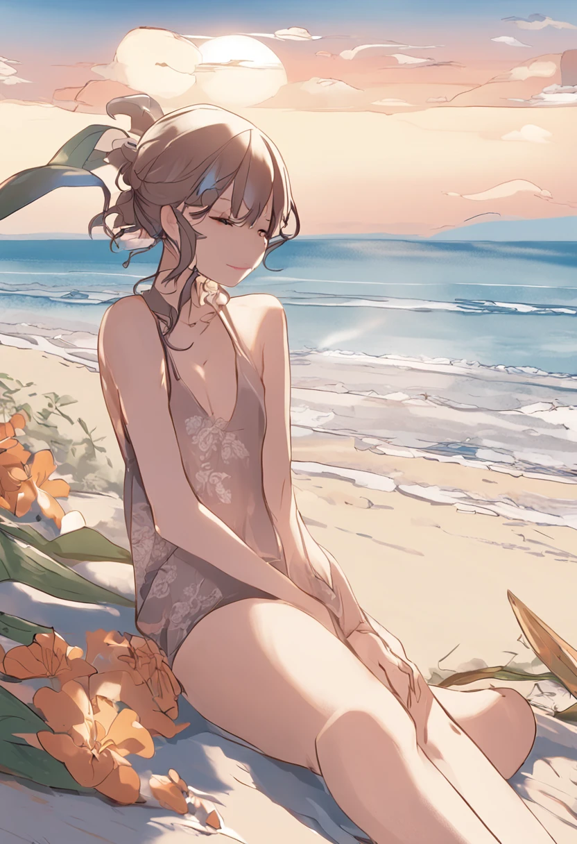 "Generate an image of an anime waifu in a paradisiacal setting. It is lying peacefully on the sand of a white sand beach, with the blue sea stretching out before her as far as the eye can see. The sky is tinged with warm and soft tones, creating a color palette that evokes a sense of tranquility and wonder.

The waifu wears an elegant and flirtatious swimsuit that highlights her natural beauty. Su cuerpo descansa con gracia en la arena, revealing smooth lines and delicate curves. His face is illuminated by the soft evening light, with an expression of serenity and contemplation. Los rayos del sol doran su piel y dan un brillo especial a su cabello, spreading in soft waves behind it.

This scene captures the essence of relaxation and natural beauty. The waifu merges with the idyllic setting of the beach, creating an image that evokes calm and admiration for the beauty of nature and the human figure."