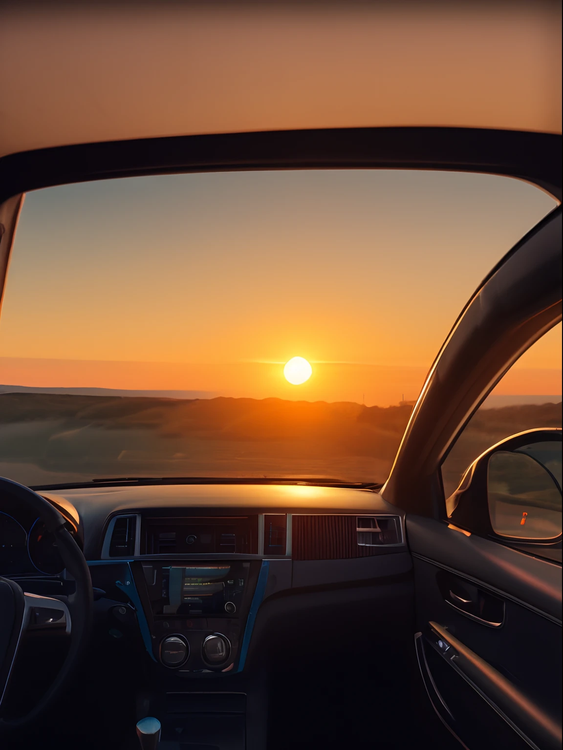the setting sun，evening light，view from long distance，realisticlying，plethora of colors，Gorgeous and colorful，Shoot at night，positive，natural style，hdr shot，Inside the car，Look inside the car，Sunset directly ahead，Faraway view，Blurred foreground，Ultra-clear details，Ultra photo realsisim，telephoto lenses
