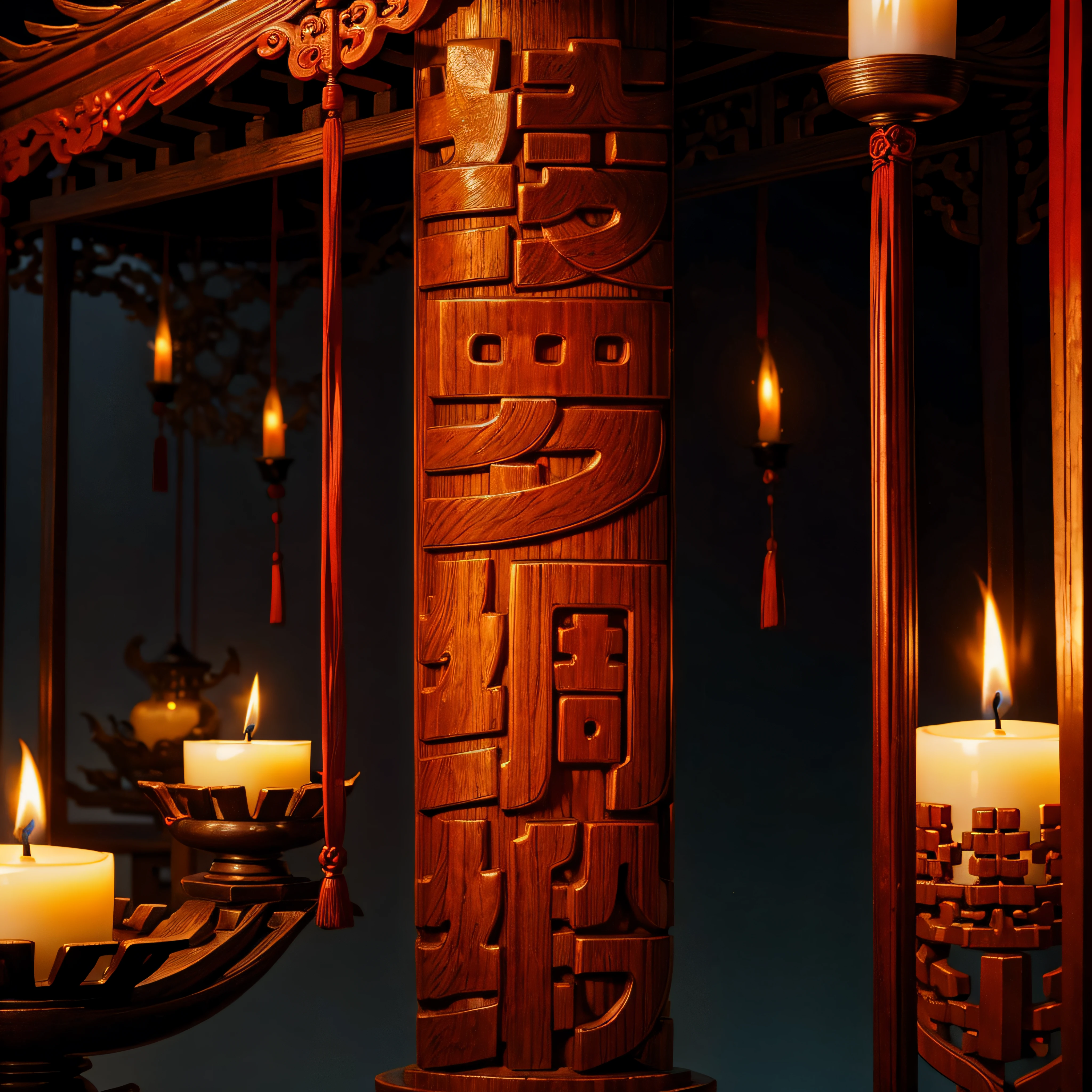 Silk is wrapped around the beams,Red silk,totem,waxy candles,,candlestick,Wedding items,Chinese architectural motifs,Delicate wood carving ,tmasterpiece,Best quality,ultra - detailed。