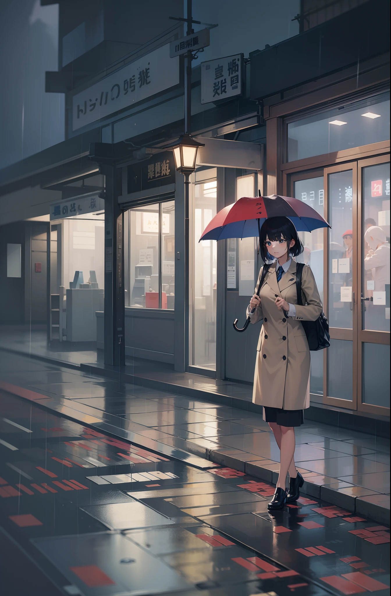 Holding an umbrella in the rain、After work、I'm a little tired、a woman walking、Back lighting、Studio Lighting