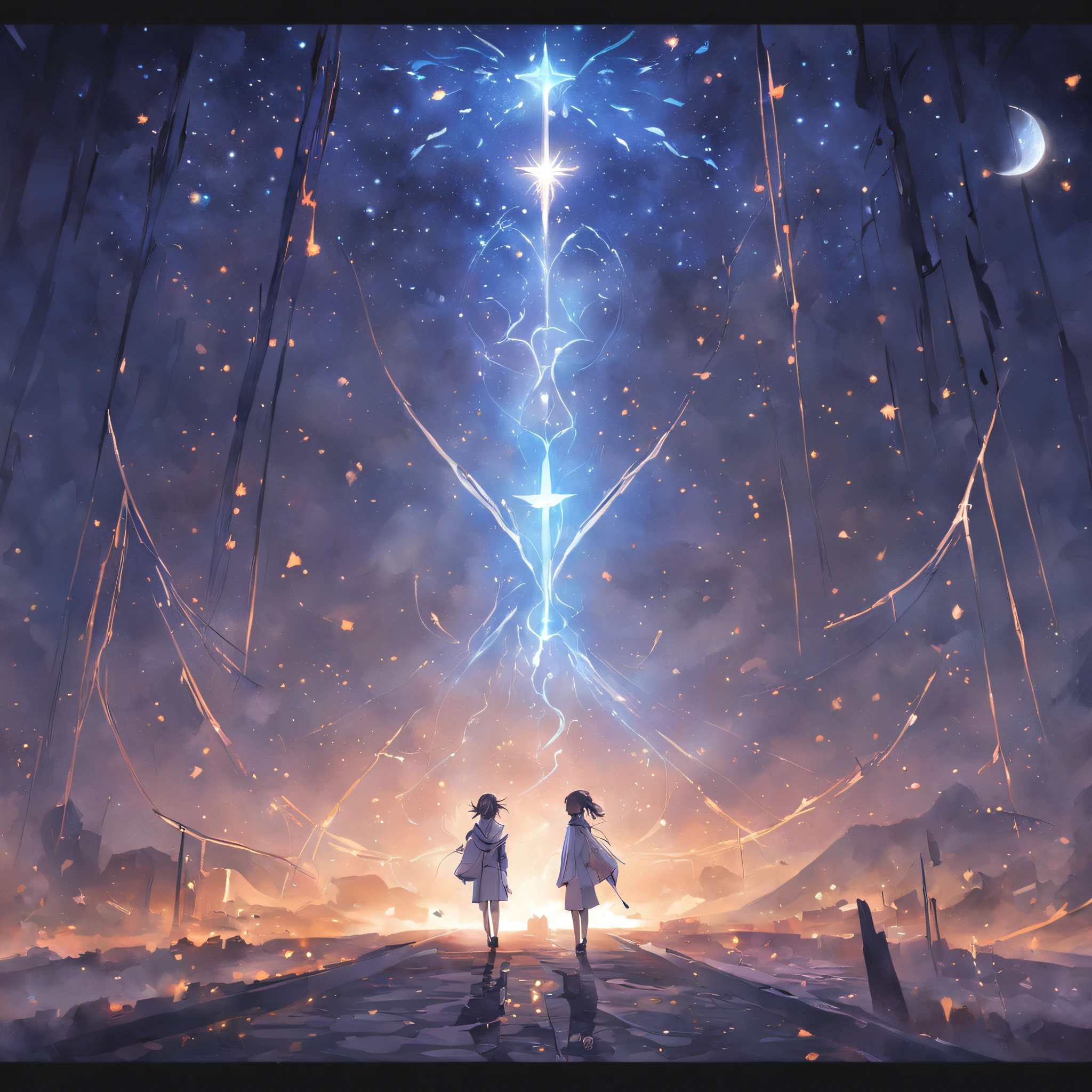 starrysky,destiny,samsara,perplexed,hearken,Heart,illuminations,front walking,Brighter,wanting,Not alone,soul,prop up,arrival,Dawn I recommend including some key visual elements in the poster: -starry sky, Represents destiny and the universe - a compass or an arrow, Symbolizes guidance and direction - figures meditating or listening, Convey introspection - light generated through fog, Hint of hope and clarity - winding paths or trails leading to the bright horizon, For the journey and purpose - silhouettes of people supporting each other, For connecting and uniting - the sun rises, For a new beginning and dawn These visual elements with a color palette(Like night blue)The combination of, gold and purple, Can help convey information in a poetic and inspiring way. Kindly, If you have any other ideas or directions for the poster,Please let me know. I'm excited to help bring these ideas to life!
