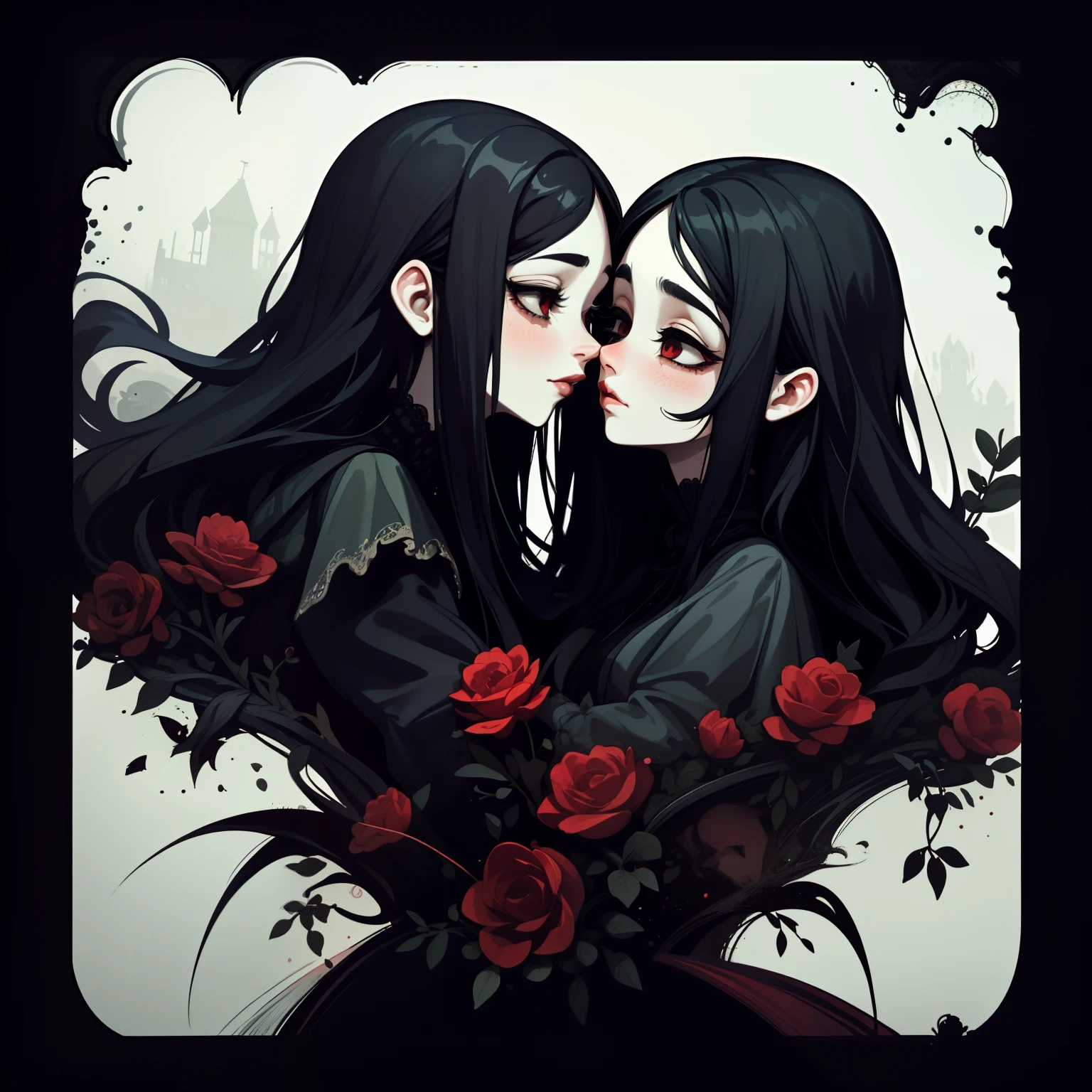 adesivo, fundo simples, portrait, 2 girls, couple, kissing, girl with long hair, beautiful gothic girl, gothic aesthetic, beautiful girl, very beautiful fantasy art, beautiful and elegant female gothic, beautiful detailed fantasy, black and red color palate, black color-theme
