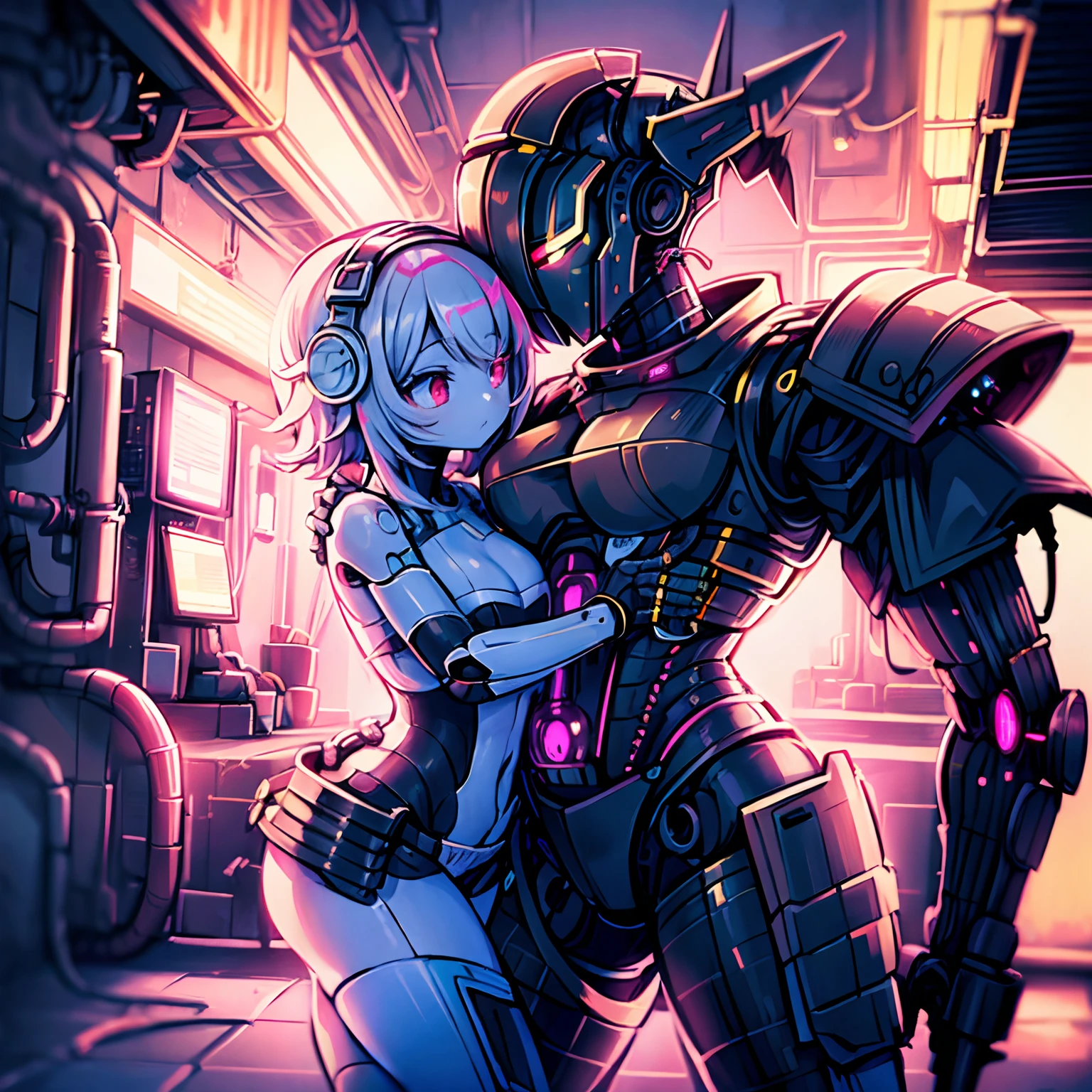 (Masterpiece:1.4), (hightquality:1.3),(top-quality:1.5),(hight resolution:1.5),Best Quality,Ultra-detailed,(2 girls in:1.3),Black skin,(Yuri:0.7),Beautiful lighting,Dynamic Angle,(Highest Quality:1.2),(High resolution:1.2), face,oppai lolirk-skinned girl and white-skinned girl:1.3),Yellow hair,Pink hair,(Green eyes:0.5),Red Eyes,(Blue eyes:0.3),Oil,Purple hair,Machine Girls,Mechanical Girl,Blurry background,Science fiction,(grin:0.3),Battle Girls,cyberpunked,Mechanical,cyborgs,Robot Girl,metalic,Machine,cyberpunked,city,Outdoors,Cityscape,neons,Colorful,