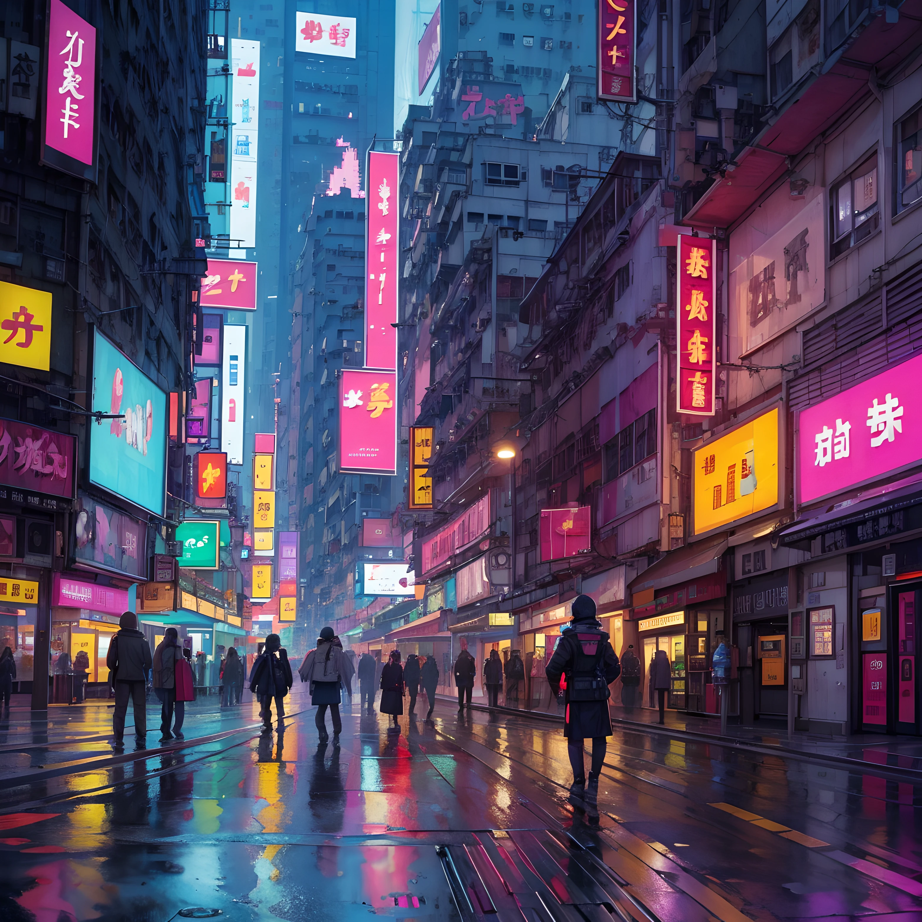 (Pixel art_1.1),natta,street,Small puddles,Sateen,neonlight,hong kong,cyber punk perssonage,No characters
