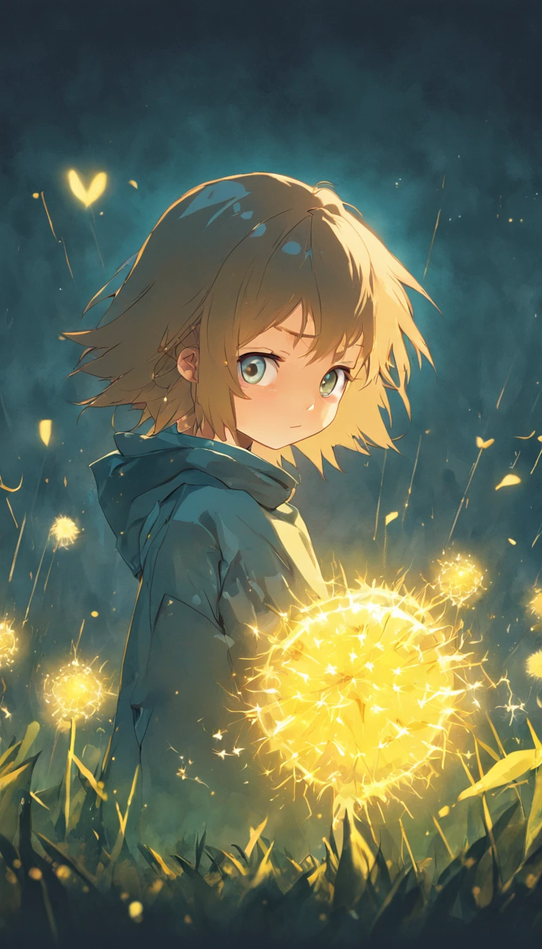 the night,cartoony,Glowing dandelion,,Cute and cute,KIDS ILLUSTRATION,Glow effects,Dingdall effect,depth of fields,high light,Real light,Ray traching,oc rendered,Hyper-realistic,best qualtiy,8K,Works of masters,super-fine,Detailed pubic hair,Bokeh,The characteristics are carefully delineated