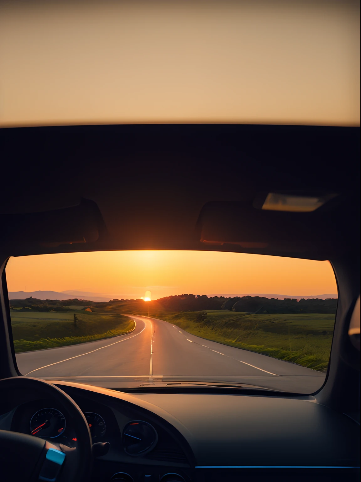 the setting sun,evening light,view from long distance,realisticlying,plethora of colors,Gorgeous and colorful,Shoot at night,positive,natural style,hdr shot,Inside the car,Look inside the car,Sunset directly ahead,Faraway view,Blurred foreground,Ultra-clear details,Ultra photo realsisim,telephoto lenses