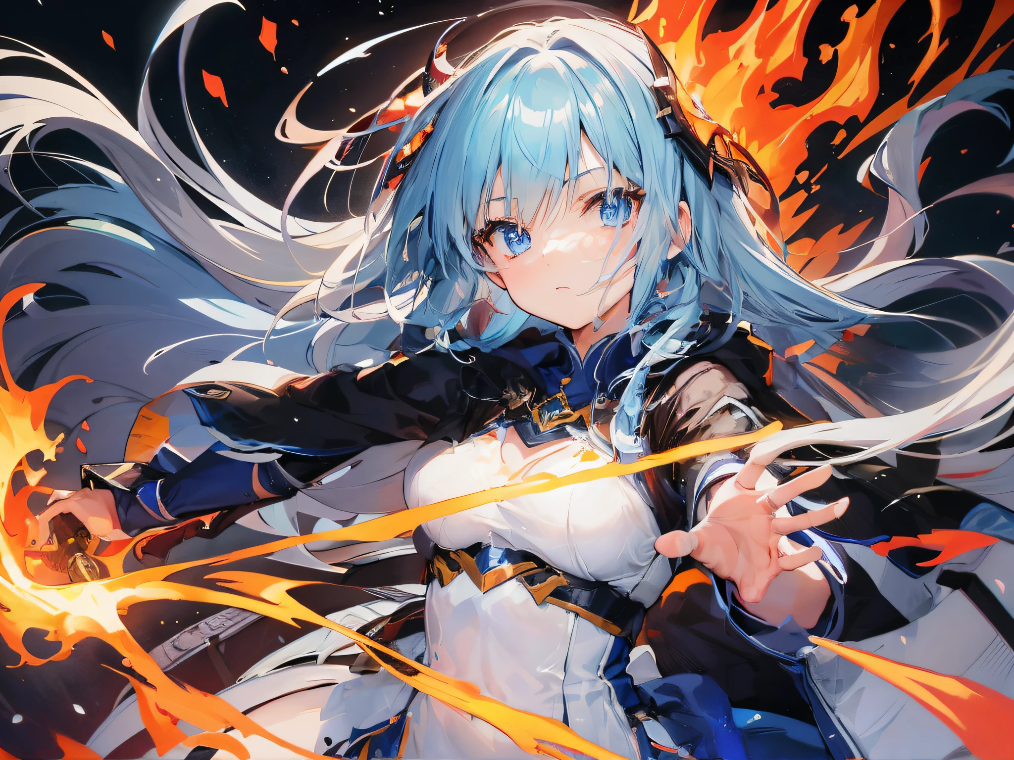 Cute girl with sword and flame、blue flames