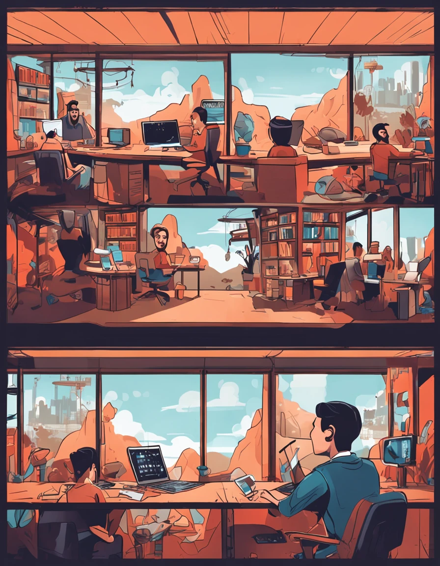 Kizi,Brown hair long,In front of the office computer,Air conditioning blowing,playing with mobile phone,Mountain view from the window,There are also other people around who play with their phones at their workstations