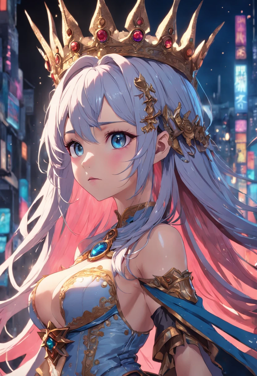 Perfect woman, full bodyesbian, Colorful hair, royal, crown, Princess, queen, dystopian, Highly detailed, Soft lighting, Detailed face, Perfect face, anime big breast, concept-art, masterpiece of intricate artwork, fashion magazine, Story, fantasy, Ominous, esoteric, Intricate, Body, Epic, ultra high quality model, illusory engine, Global illumination, Detailed, intricate environment, rendering by octane