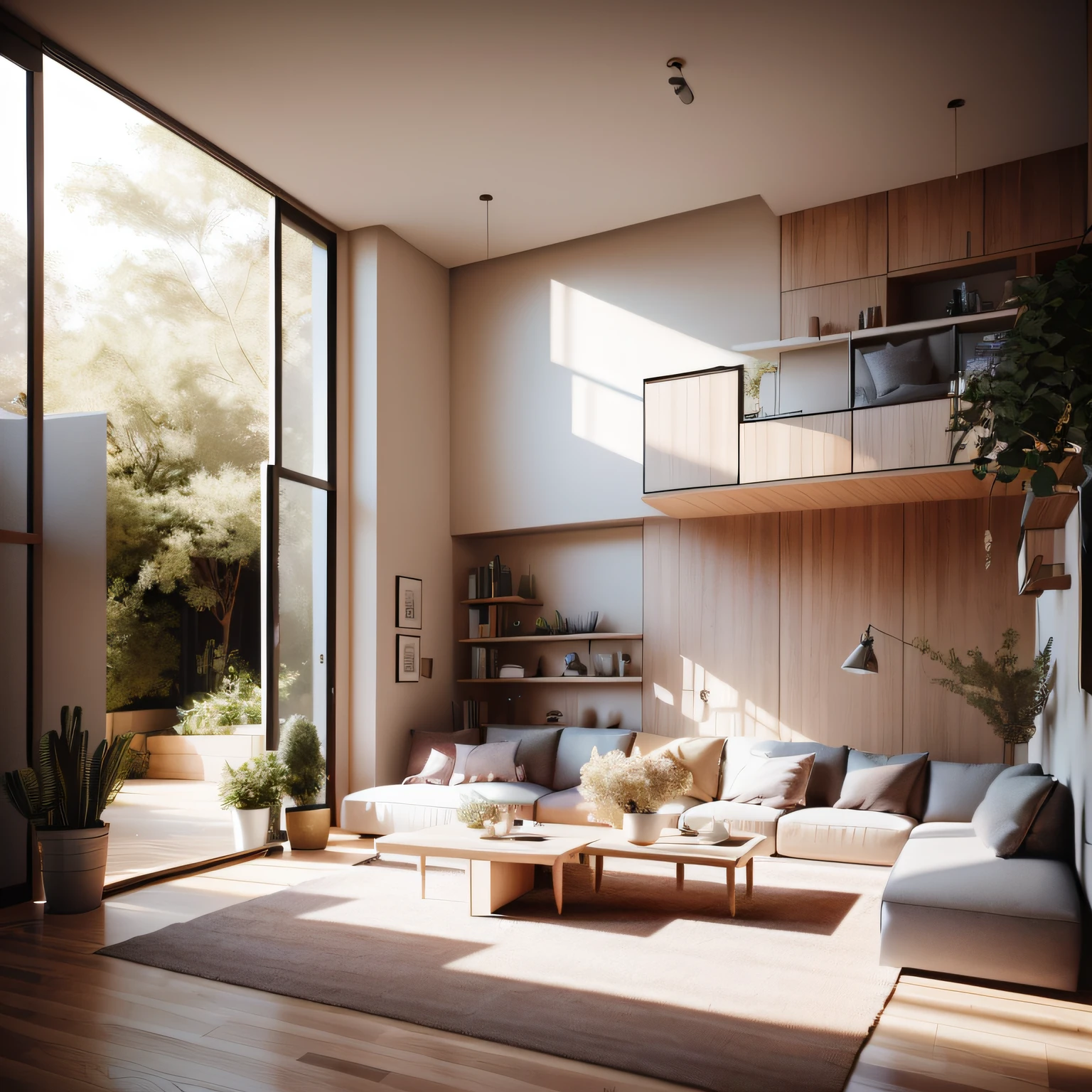 The living room has a sofa and coffee table。, archviz, Realistic physical rendering, vray 8k render, natural realistic render, detailed archviz render, rendered in corona, Detailed natural lighting, Rendered in Lumion Pro, high quality rendering, 8k vray render, vray rendered, V - ray rendering 8 K Ultra HD,Floor walnut,Furniture oak