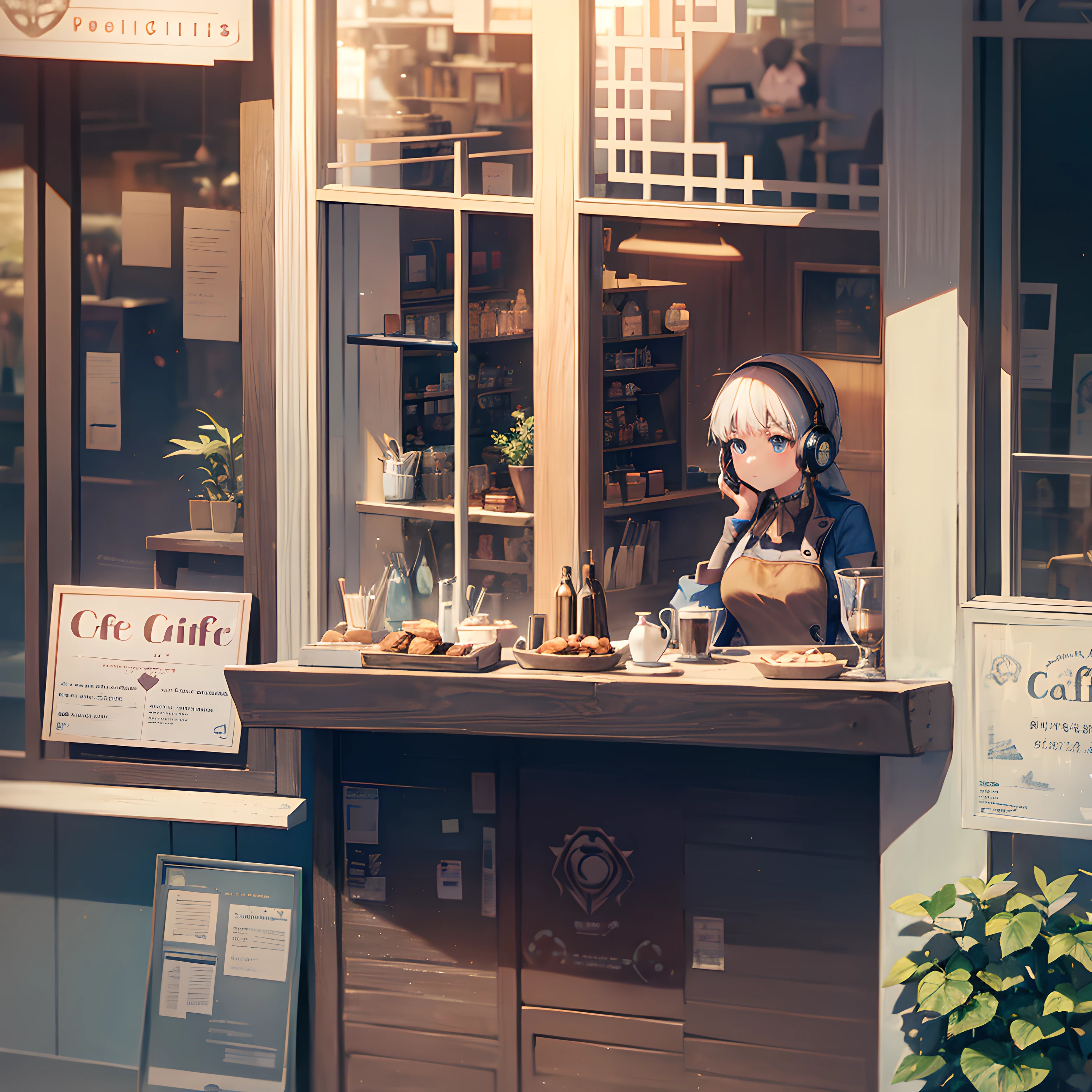 1girll,Cafe,By the window,kawa,Hold your chin with your hand,Headsets,pondering,frontage,Look forward,High resolution 4K