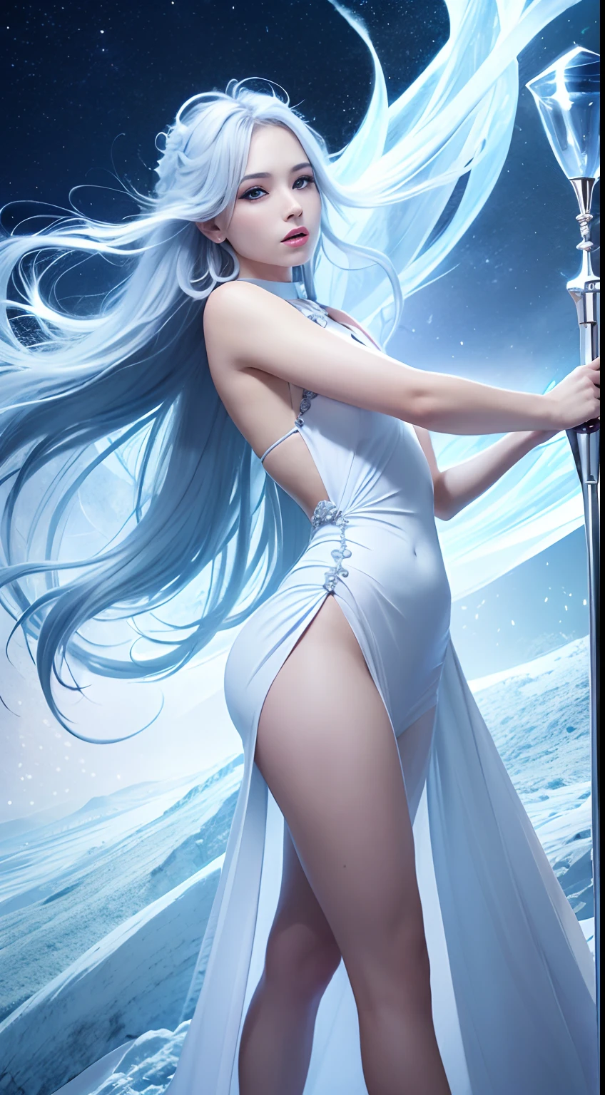 Beautiful female ice mage,ice mountain, (full bodyesbian),(standing on two feet),gossamer dress,Ice staff,The expression is cold,low angle shot, Sky blue and gray curls,Fantasyart,detail-rich,电影灯光,real photograph,SLR camera,(Very detailed, reasonable design, Clear lines, High sharpness,Best quality, Masterpiece, 4K )
