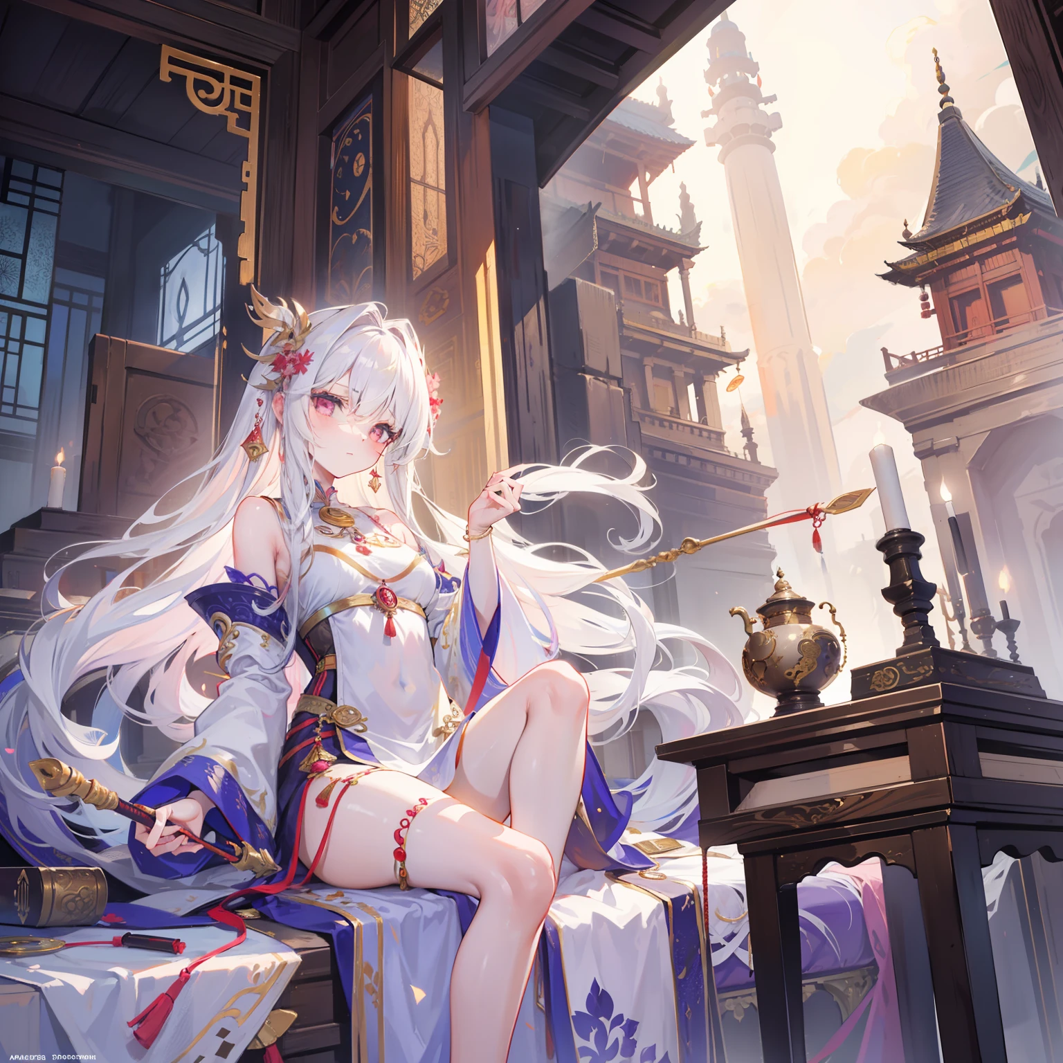 A beautiful girl who uses temples and incense as weapons,Long hair,Delicate and smooth long legs