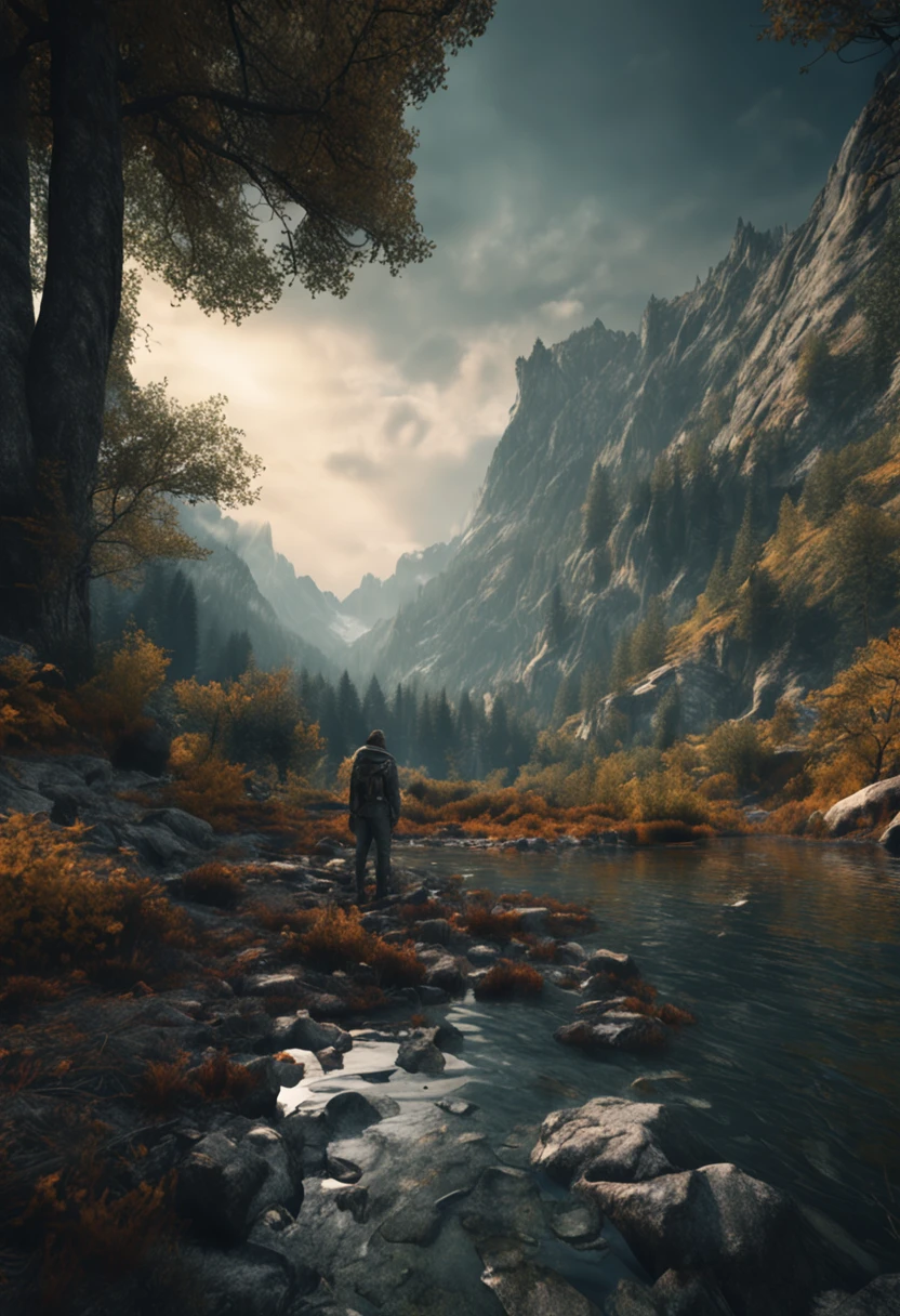 (Dark magic:1.2), (Grim:1.1) forest, springtime,A man stands in the Alps, (Intricate details), A mirror-like lake,(ultra - detailed), 8k hdr, high detal, A lot of detail, High quality,Tyndall effect, (Colored:1.3)