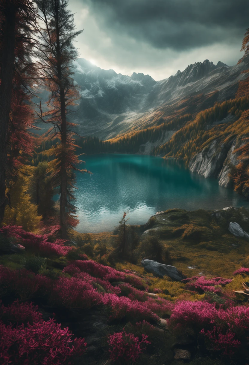 (Dark magic:1.2), (Grim:1.1) forest, springtime,A man stands in the Alps, (Intricate details), A mirror-like lake,(ultra - detailed), 8k hdr, high detal, A lot of detail, High quality,Tyndall effect, (Colored:1.3)
