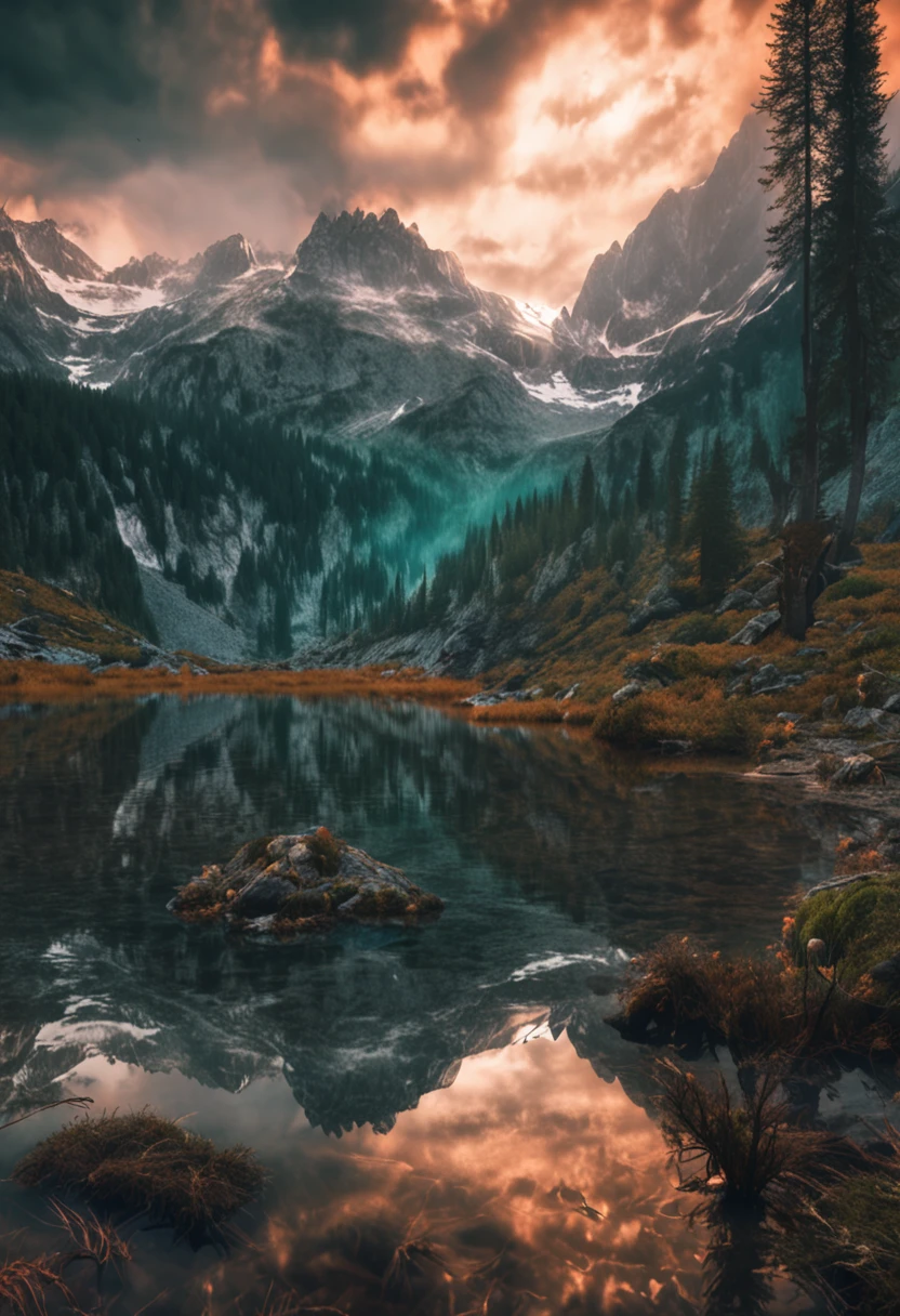 (Dark magic:1.2), (Grim:1.1) forest, springtime,A man stands in the Alps, (Intricate details), A mirror-like lake,(ultra - detailed), 8k hdr, high detal, A lot of detail, High quality,Tyndall effect, (Colored:1.3)