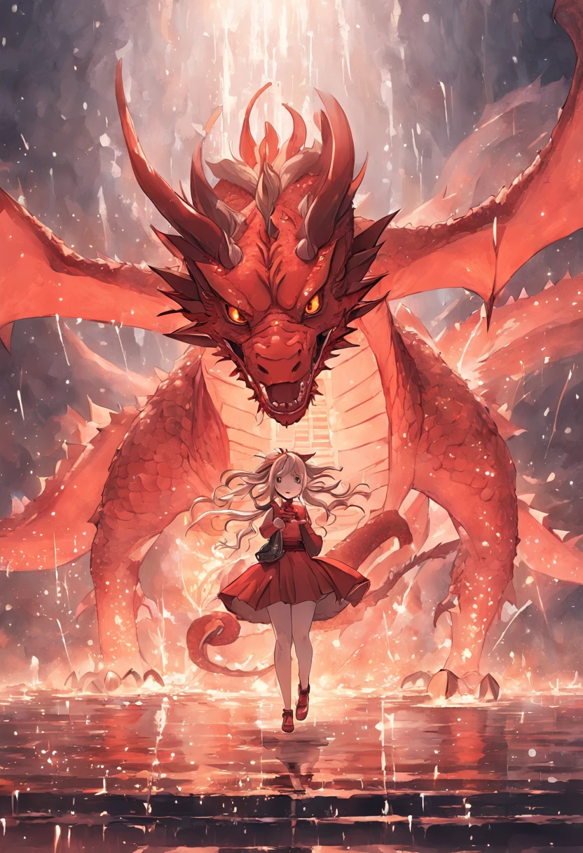 （Beautiful girl riding a dragon），Standing with a lantern in hand，Red fire dragon，corrugation，The air is filled with water droplets，Cloud effects：1.5,Elongated dragon body，elevation，Faraway view，super detailing，best qualtiy，tmasterpiece，（8K，Extremely detailed，Epic artwork