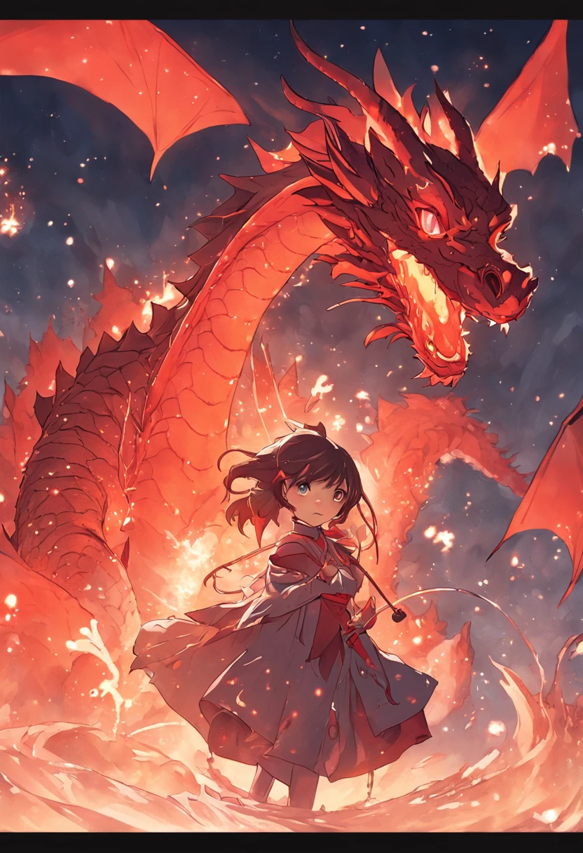 (Beautiful girl riding a dragon),Standing with a lantern in hand,Red fire dragon,corrugation,The air is filled with water droplets,Cloud effects:1.5,Elongated dragon body,elevation,Faraway view,super detailing,best qualtiy,tmasterpiece,(8K,Extremely detailed,Epic artwork