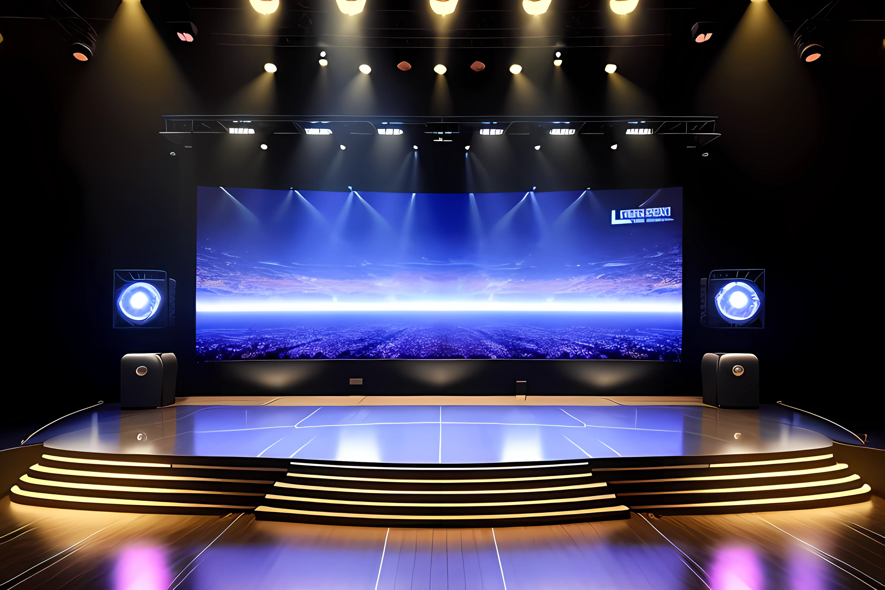 venue,business meeting,Formal occasions,summits,Display panel,Stage,Bright lights,In the center of the stage is an LED screen,The stage art style is realistic,The camera position is 45 degrees,120 degrees accurate,Polyart,Stylized 3D rendering,3D stylized scene,