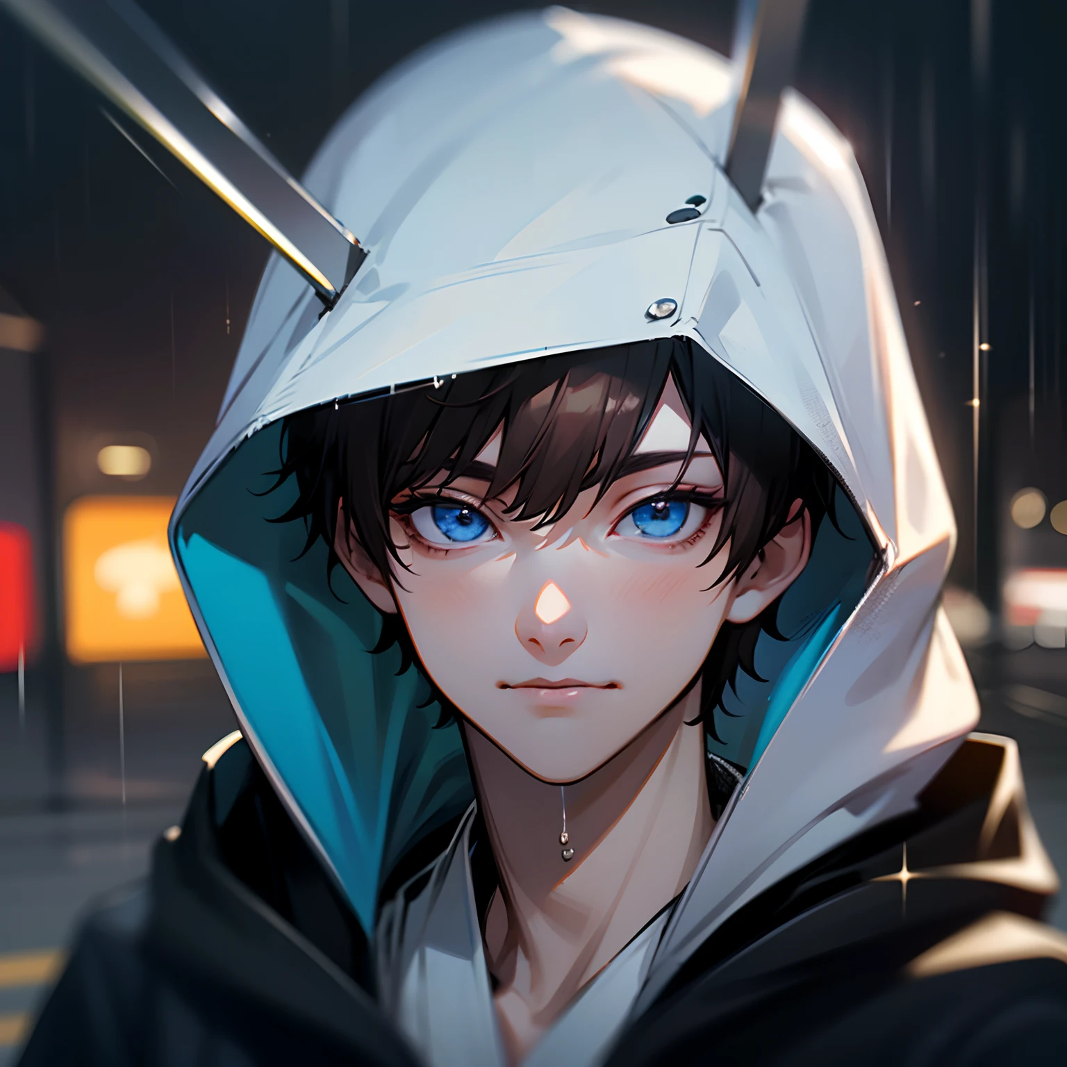 kk, best quality, more details, masterpiece, 1boy, kaneki ken, portrait, male focus, blue eyes, solo, bangs, looking at viewer, hood, short hair, rain, tokyo tokyo \(city\), hood up, nail polish, brown hair, luxurious, 8k, detailed, ray tracing, depth of field, cinematic lighting,