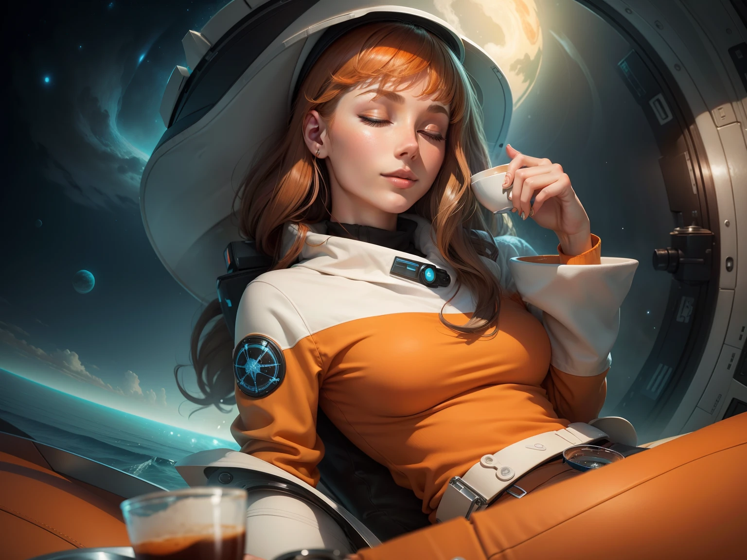 Young Caucasian woman relaxing drinking coffee dreaming eyes closed about living on Neptune in a large science shelter orange and gray